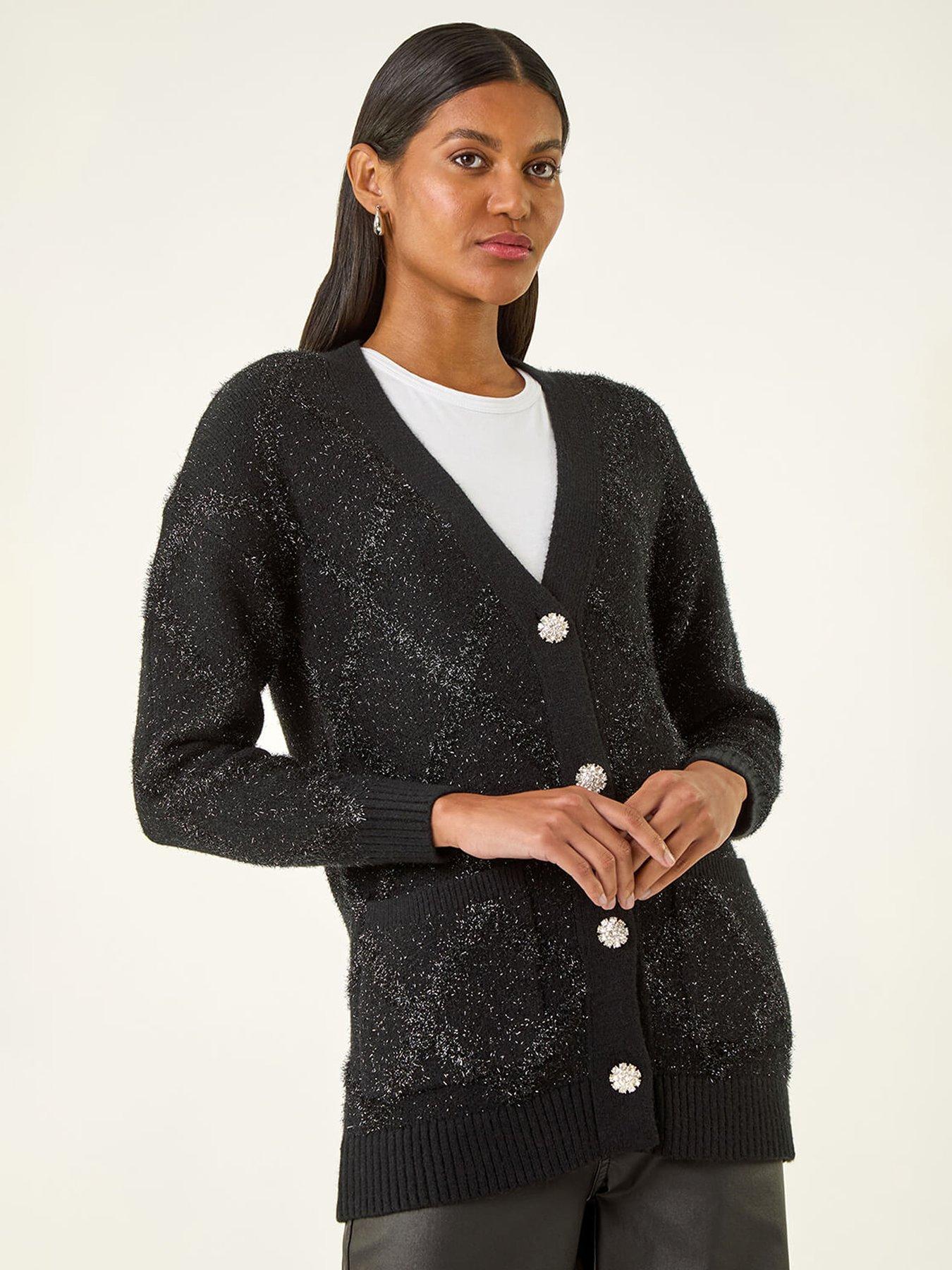  image of roman-longline-tinsel-knit-cardigan-black
