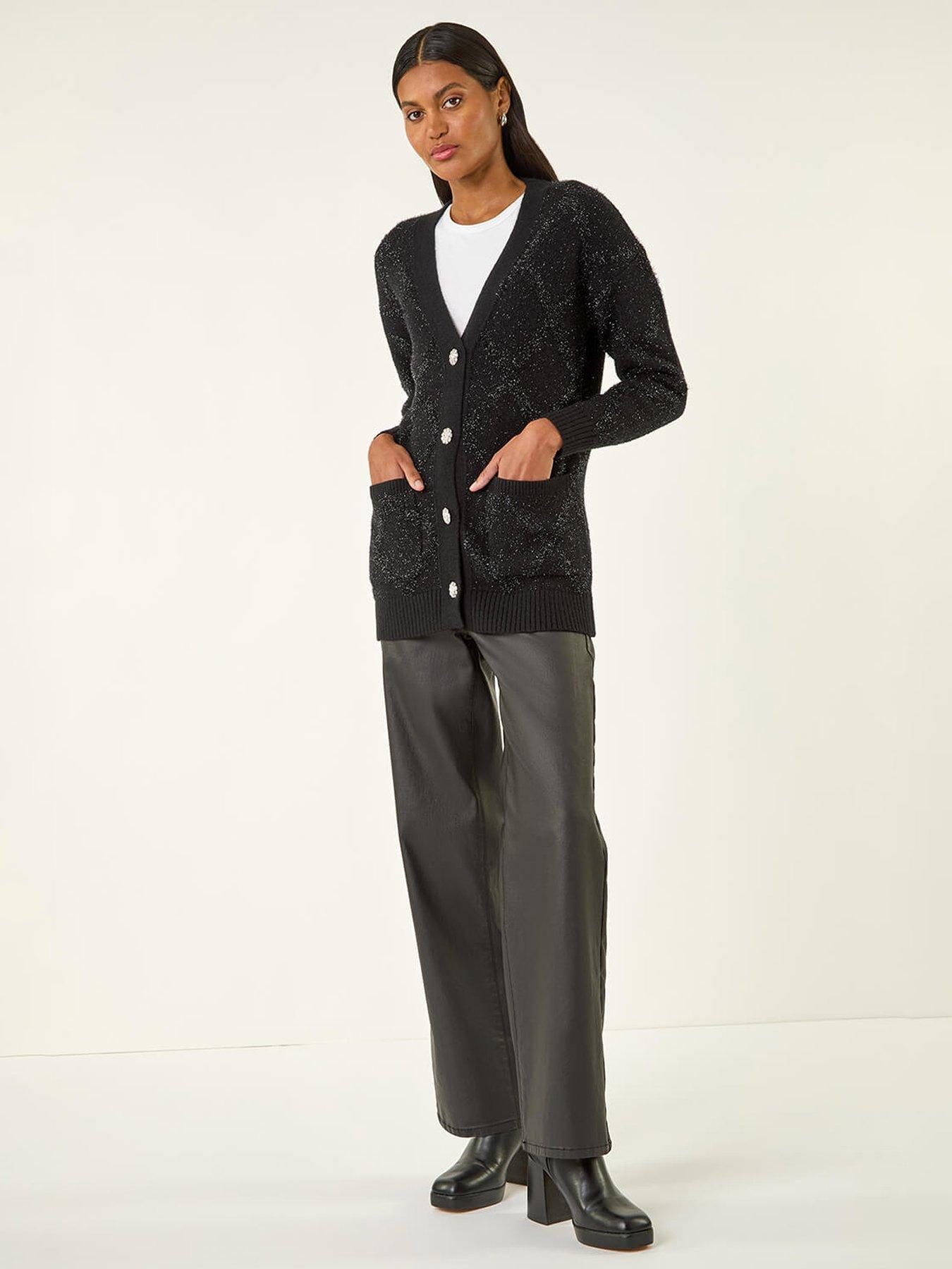  image of roman-longline-tinsel-knit-cardigan-black