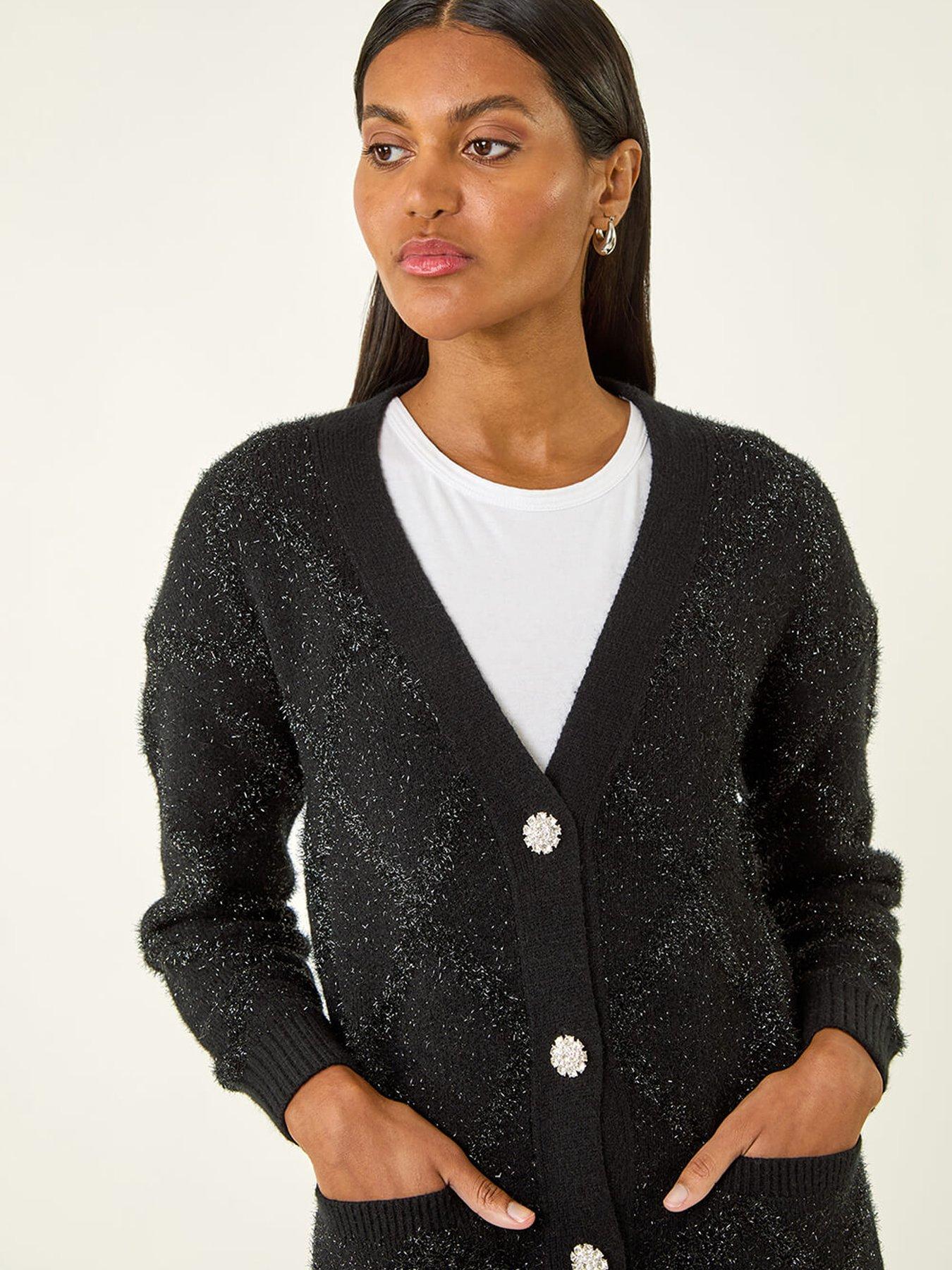  image of roman-longline-tinsel-knit-cardigan-black