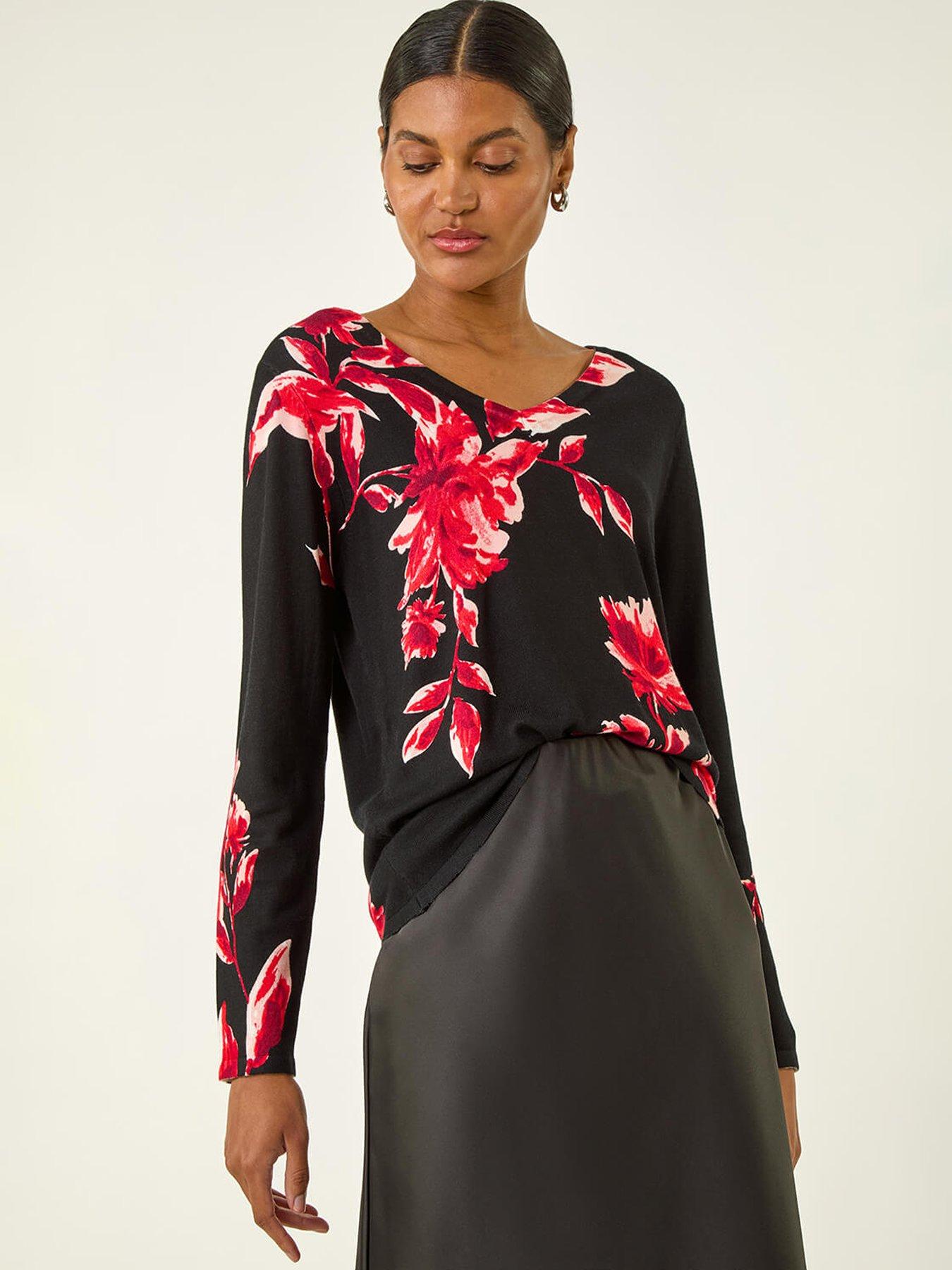 Roman Floral Print V-neck Knit Jumper - Black