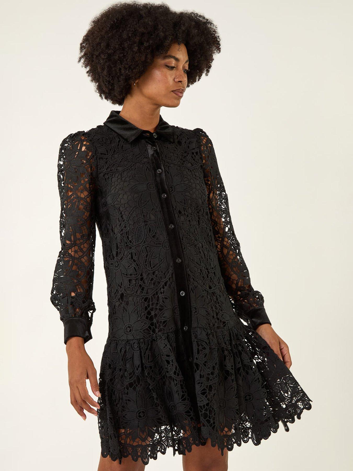 undefined Premium Velvet Trim Shirt Dress - Black