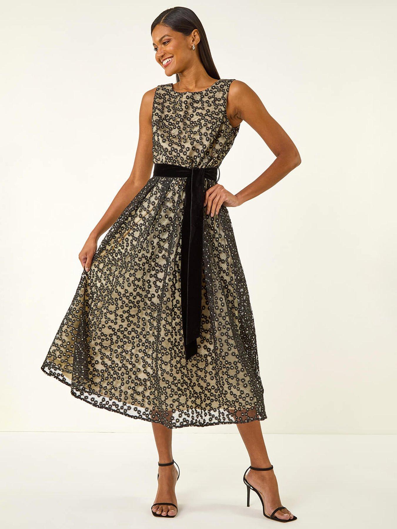 undefined Lace Overlay Bow Detail Midi Dress - Black