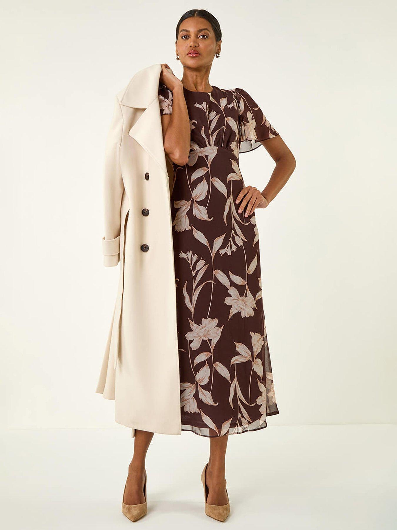 Image 1 of 5 of Roman Floral Print Flutter Sleeve Midi Dress - Brown