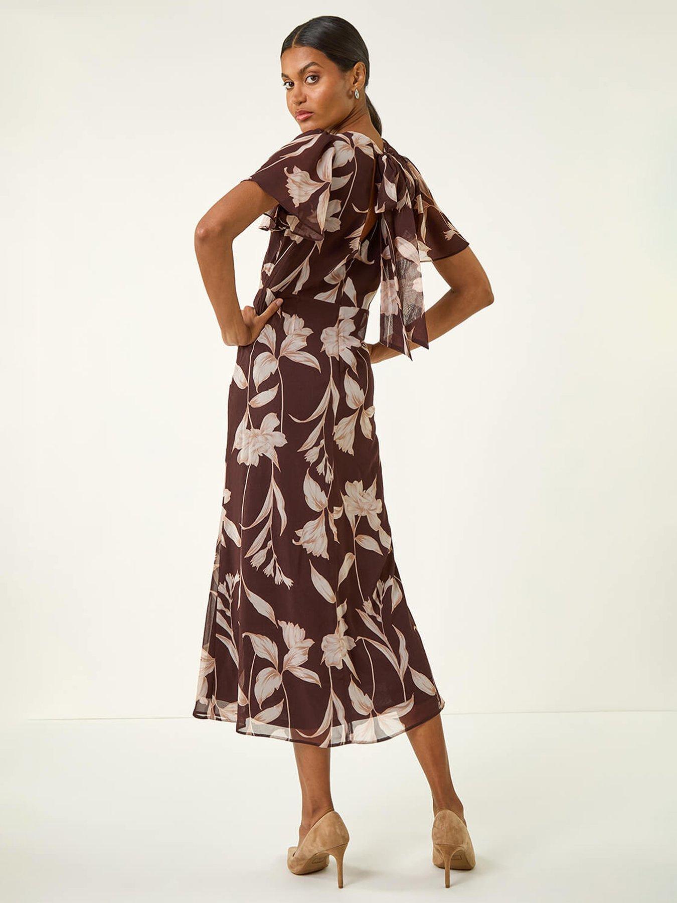 Image 2 of 5 of Roman Floral Print Flutter Sleeve Midi Dress - Brown