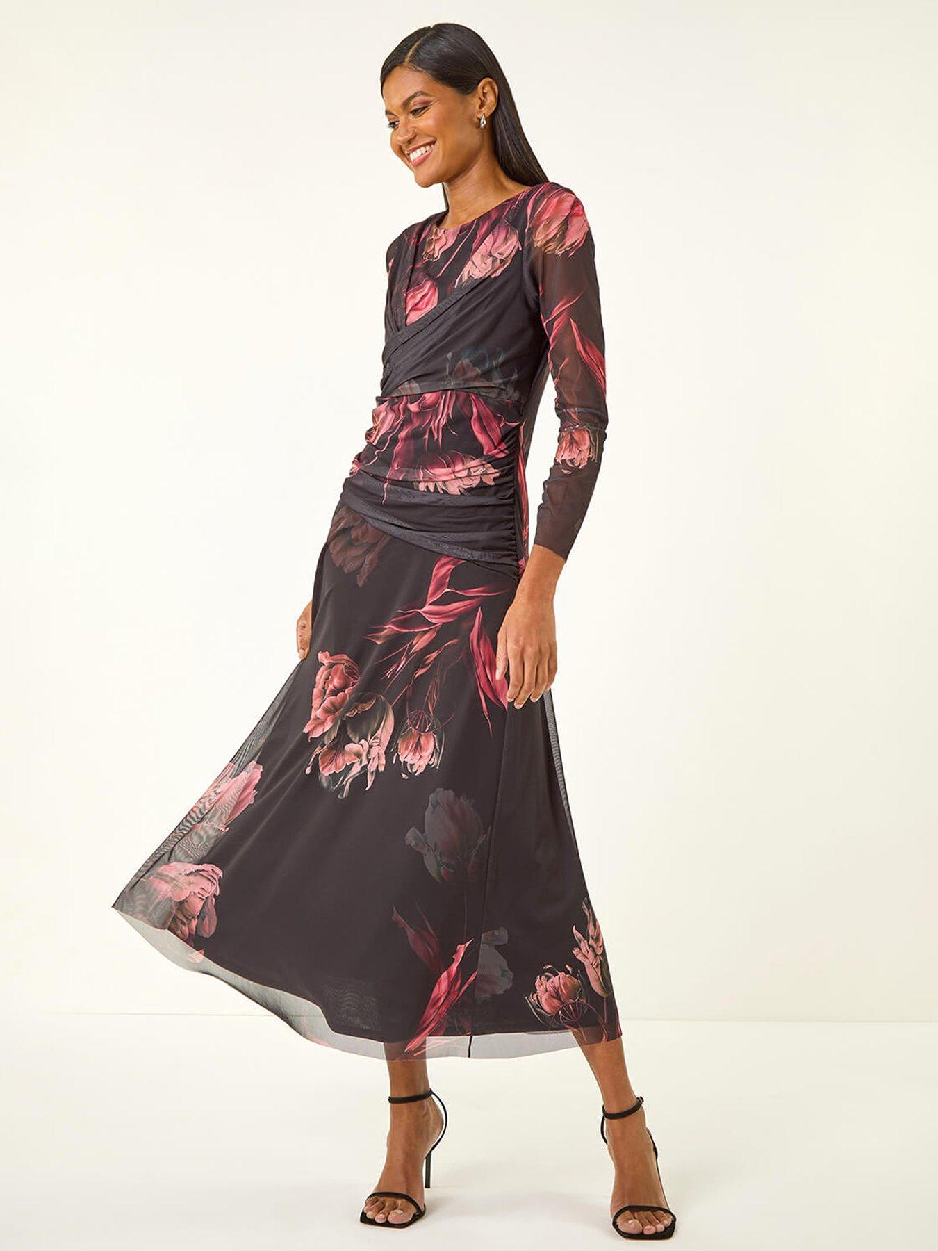 undefined Floral Mesh Stretch Maxi Dress - Black