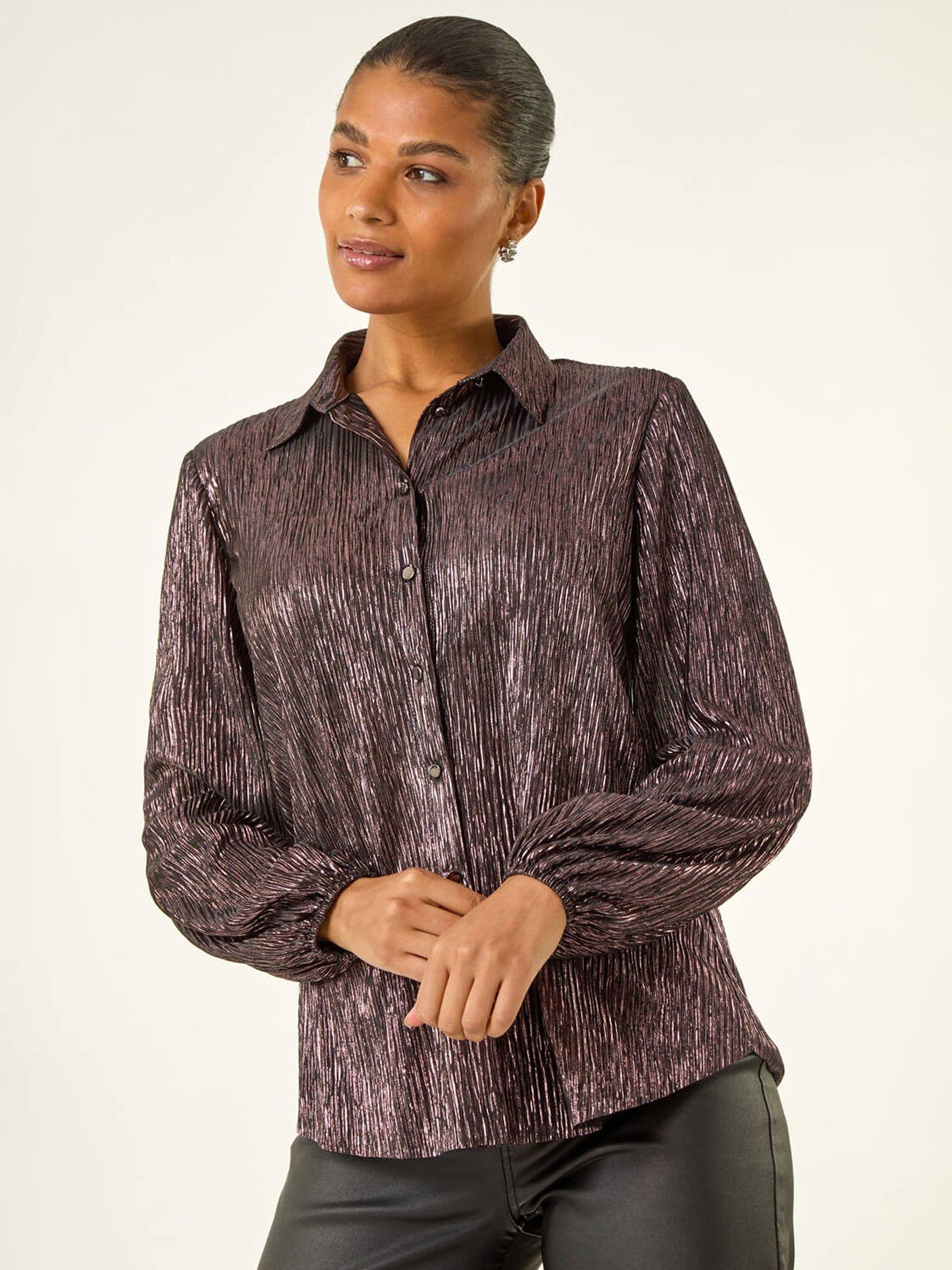 Roman Foil Plisse Button Through Blouse - Red