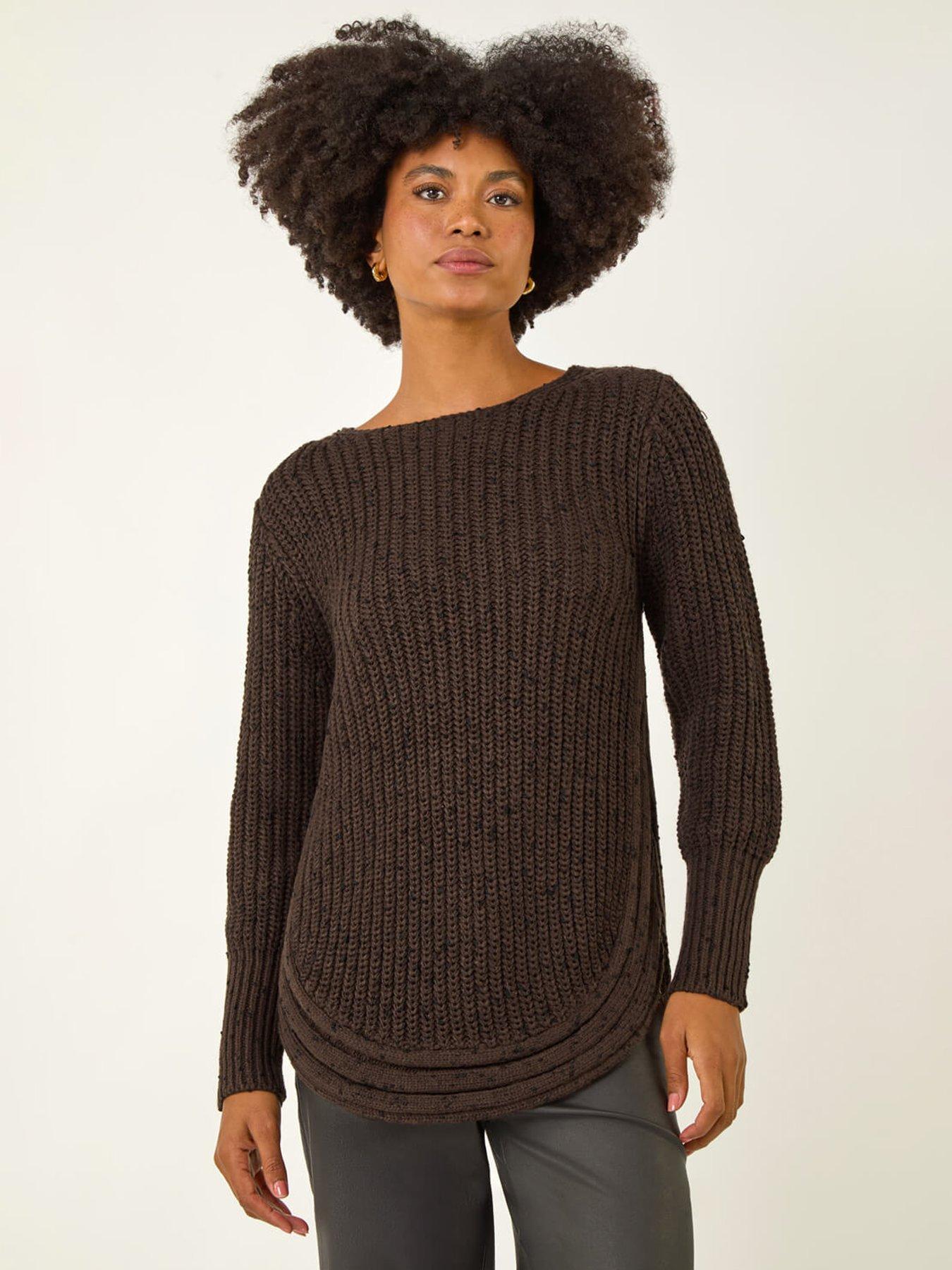 Roman Curved Hem Stitch Knit Jumper - Brown