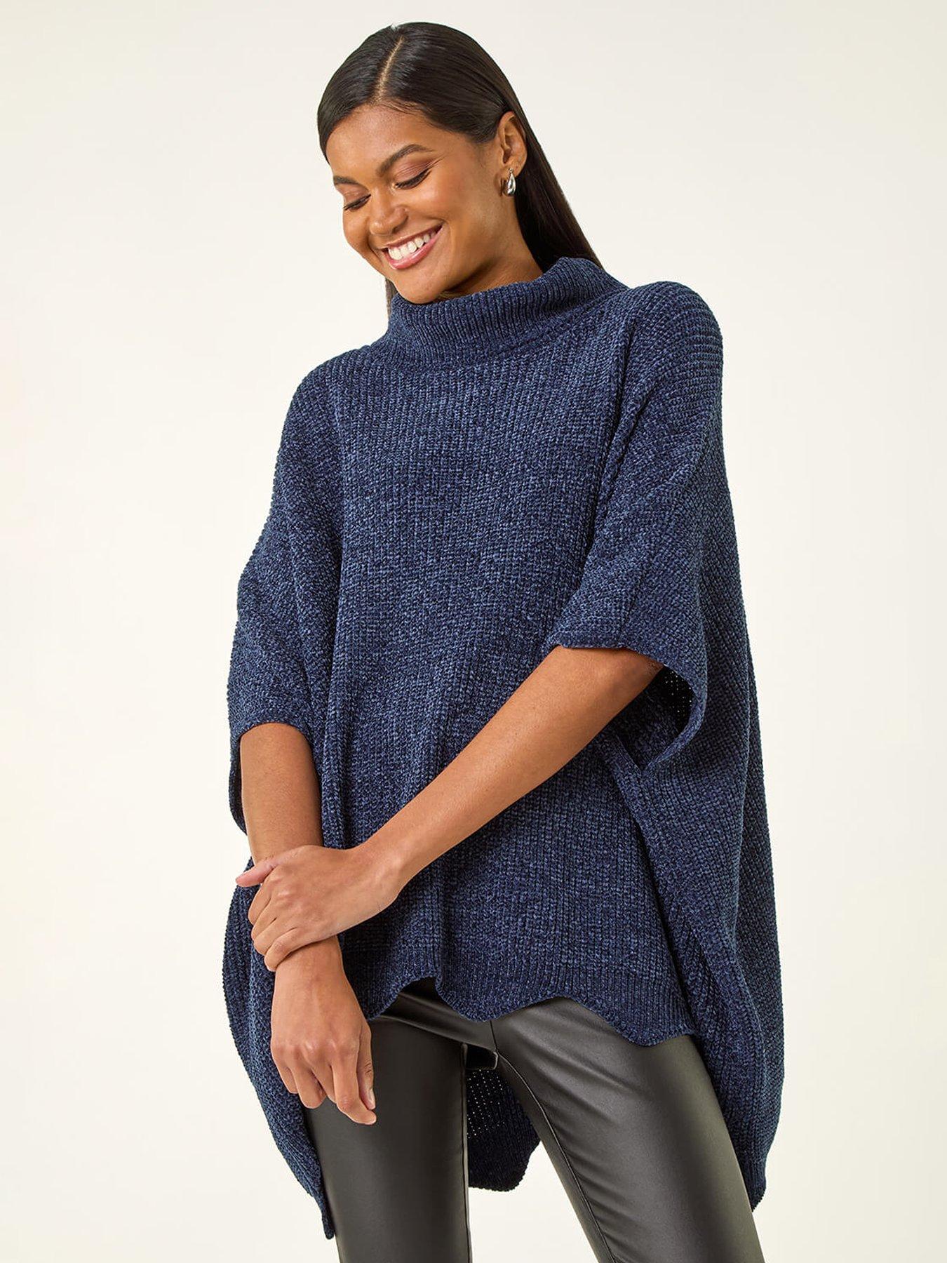undefined Roll Neck Chenille Knit Poncho - Navy