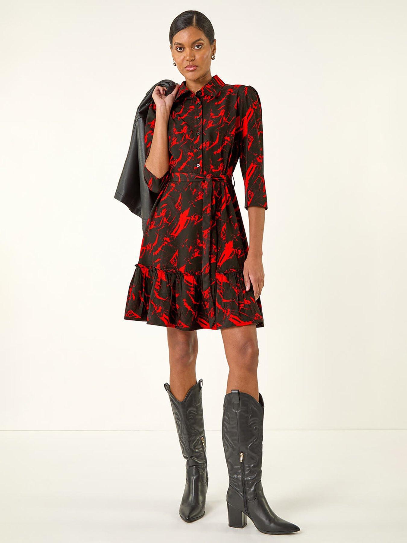 Roman Abstract Print Tie Waist Shirt Dress - Red