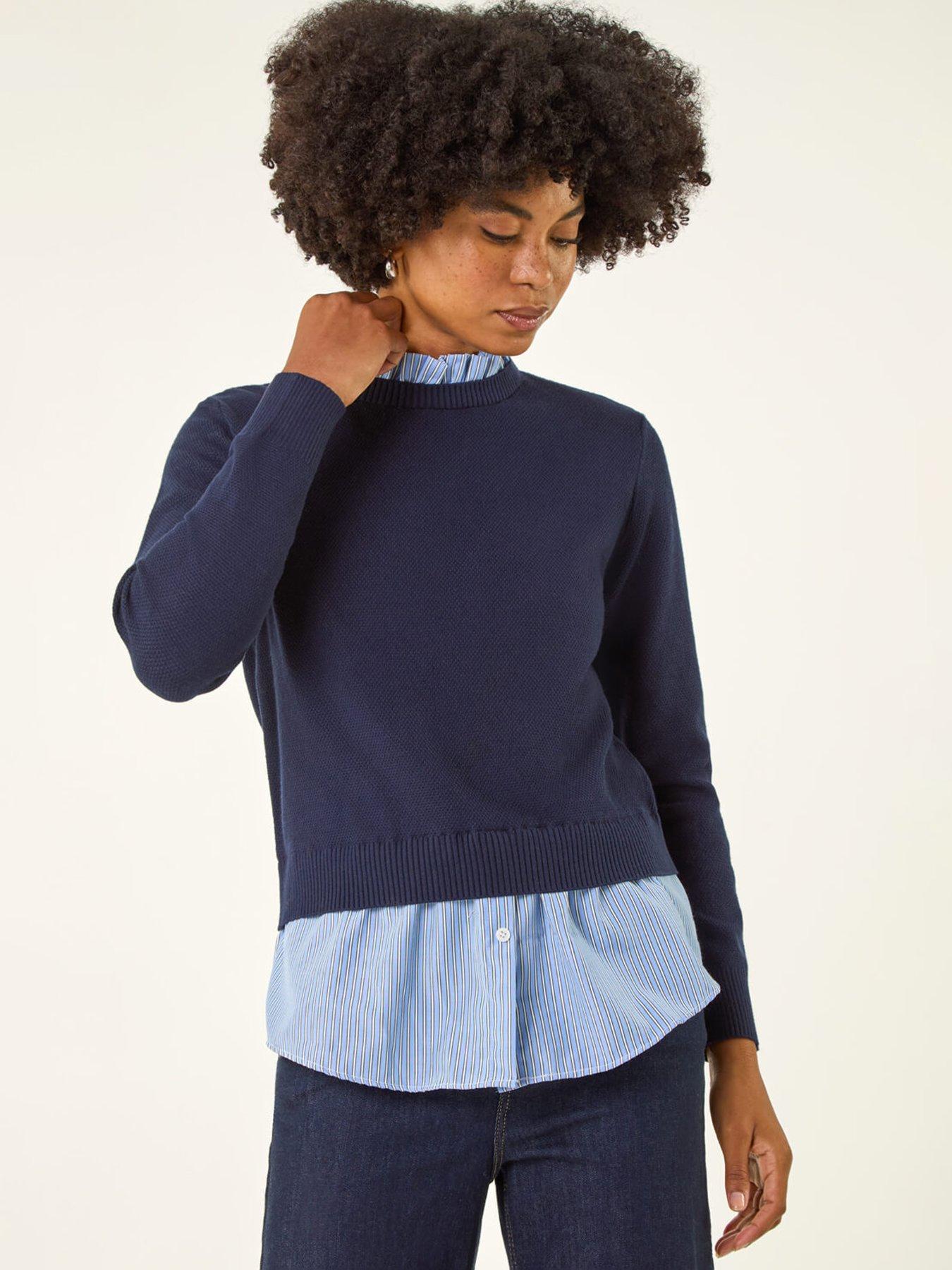 Roman Stripe Shirt Underlay Knit Jumper - Navy