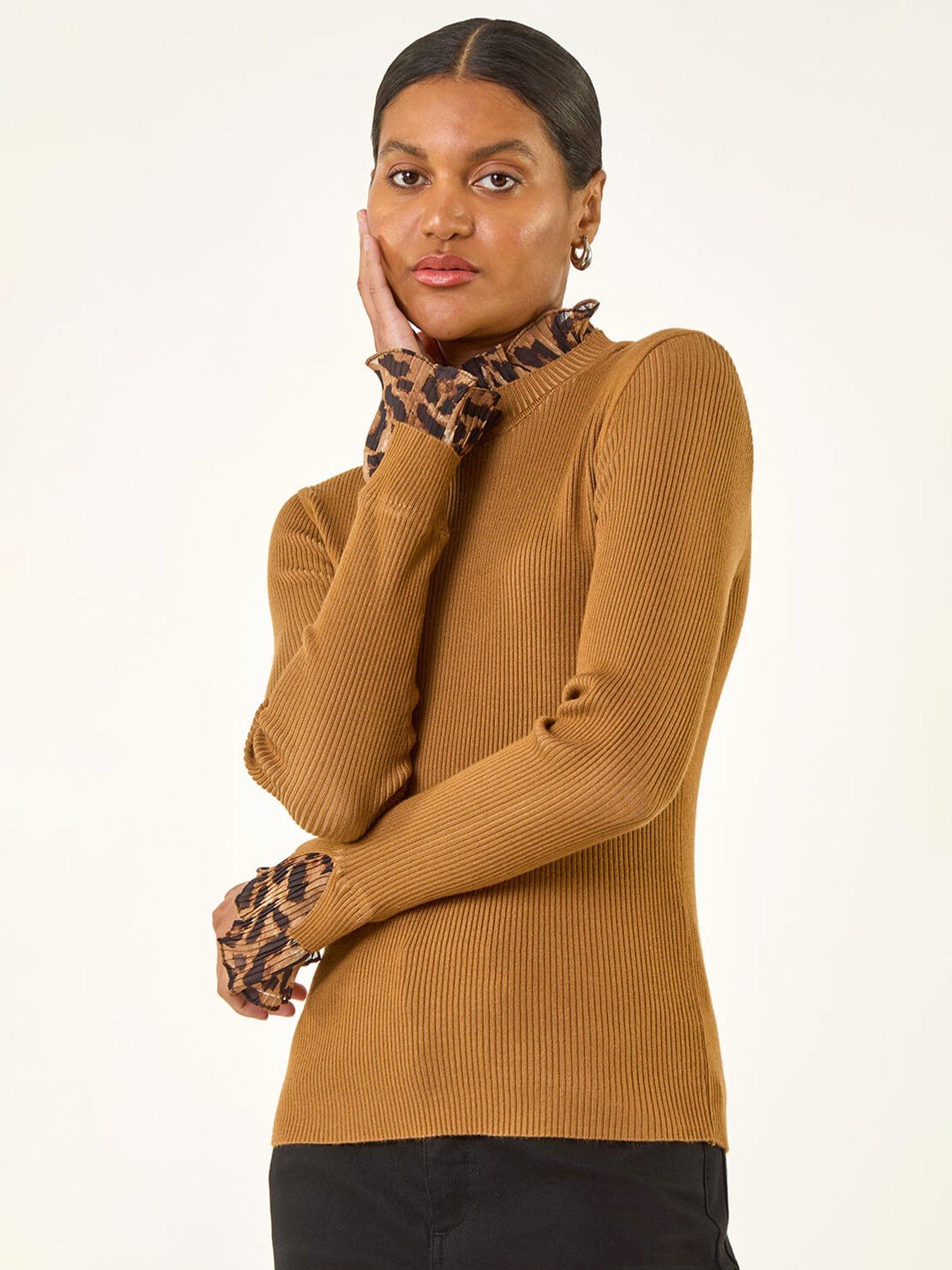 Roman Leopard Ruffle Trim Jumper - Tan