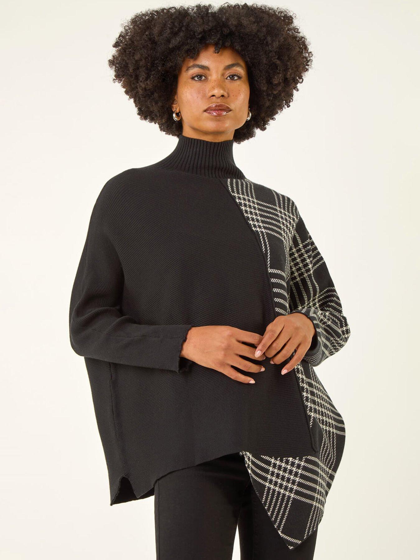 Roman Plaid High Neck Knit Jumper - Black