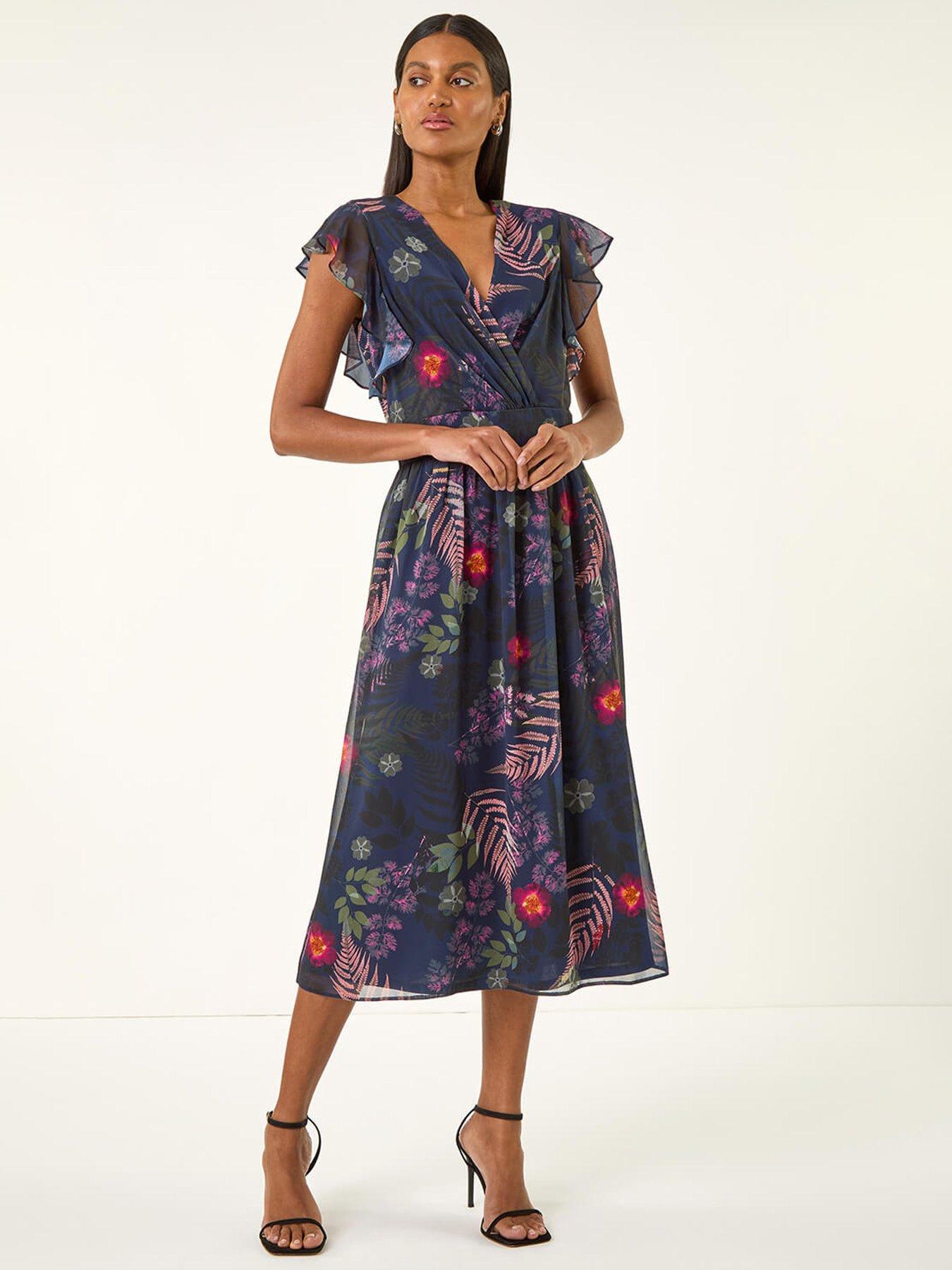 Roman Floral Print Frill Midi Dress - Navy