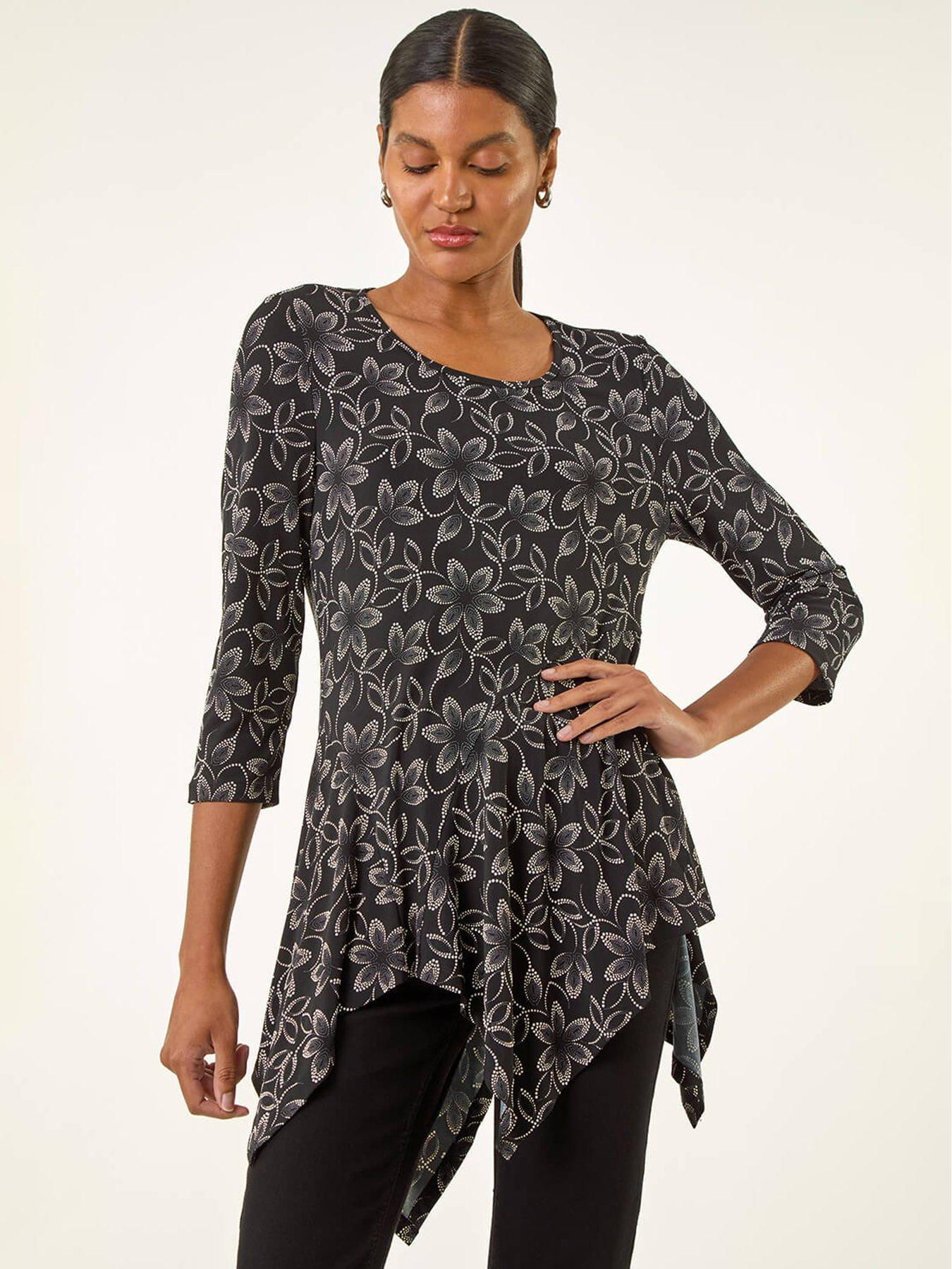 Roman Floral Print Asymmetric Tunic Top - Black