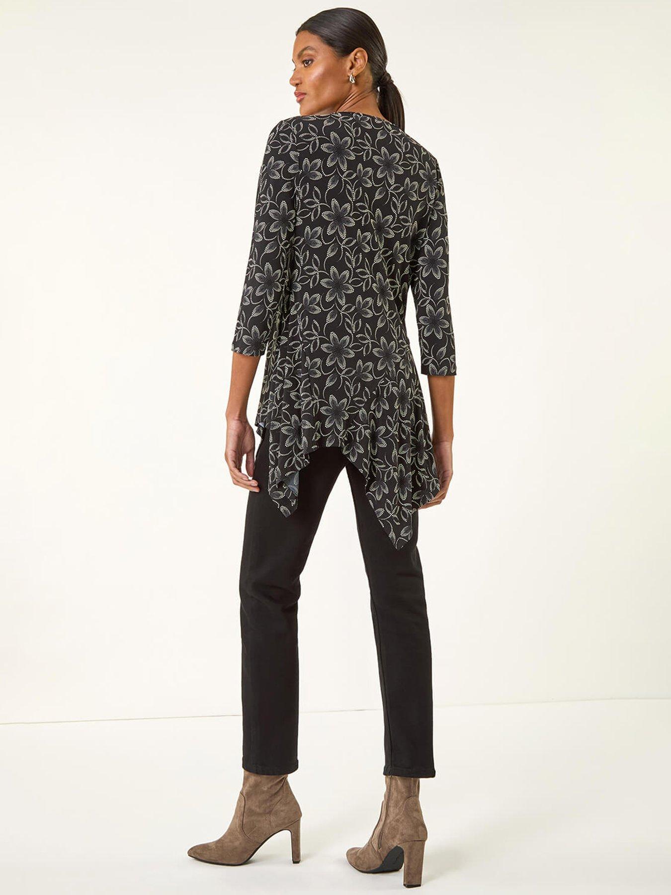  image of roman-floral-print-asymmetric-tunic-top-black