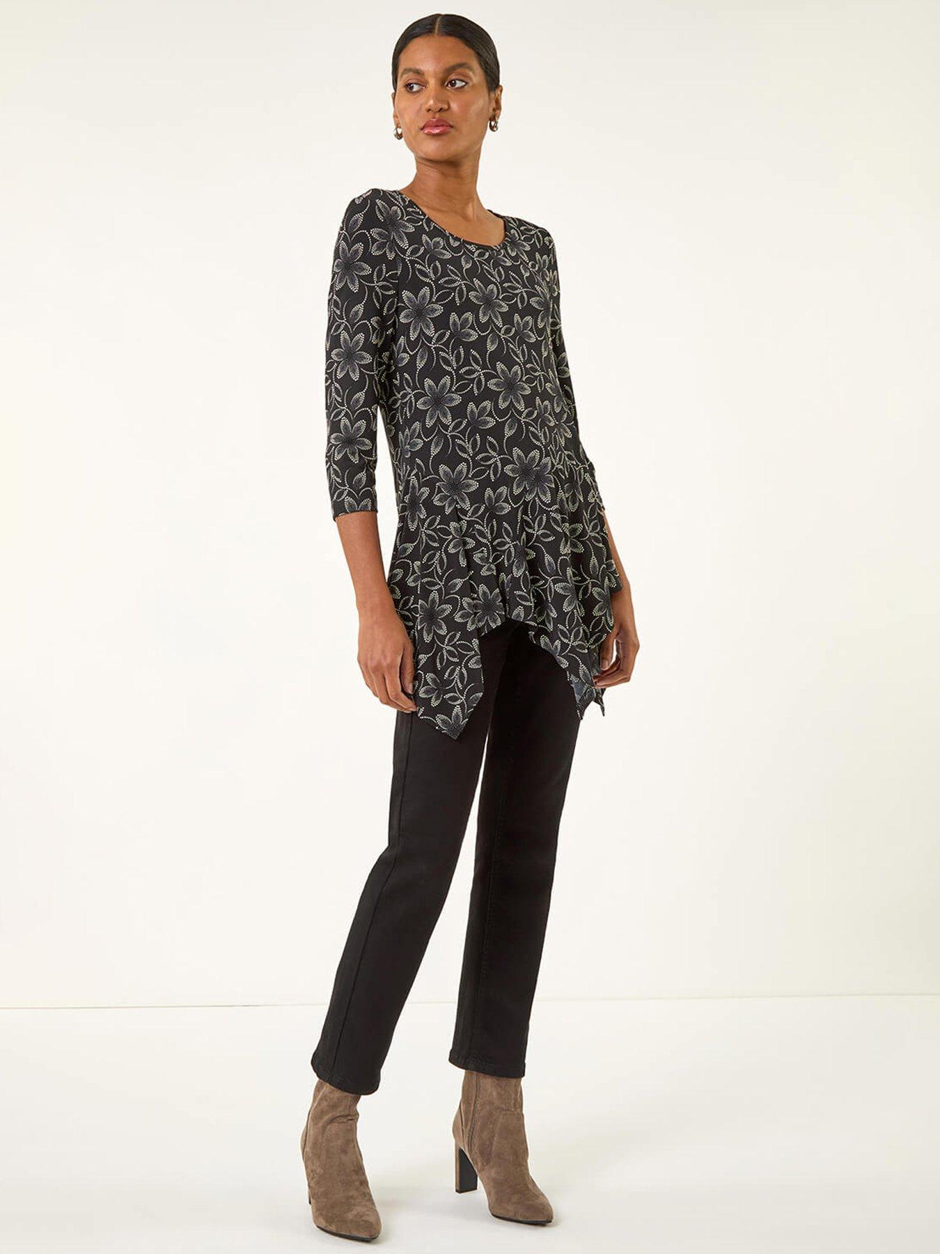  image of roman-floral-print-asymmetric-tunic-top-black