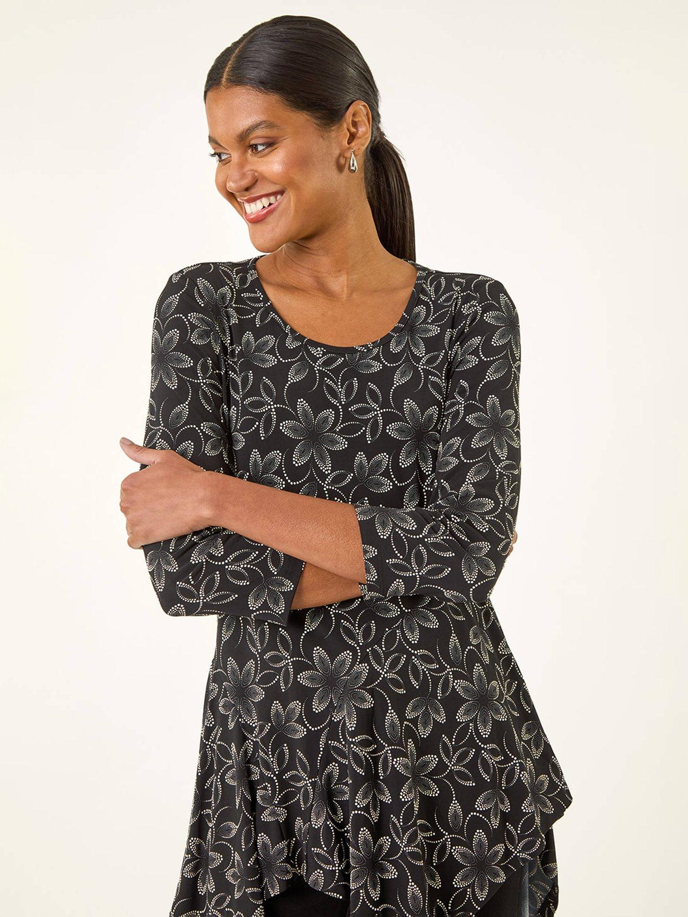  image of roman-floral-print-asymmetric-tunic-top-black