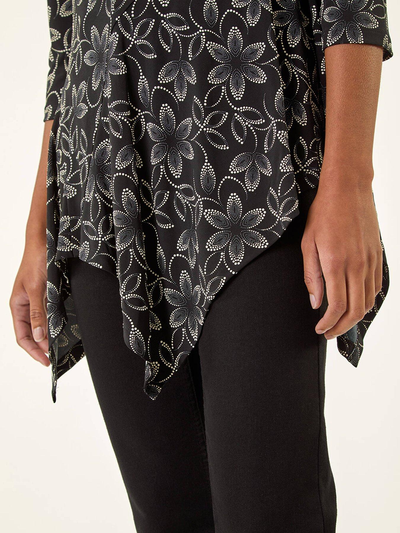  image of roman-floral-print-asymmetric-tunic-top-black