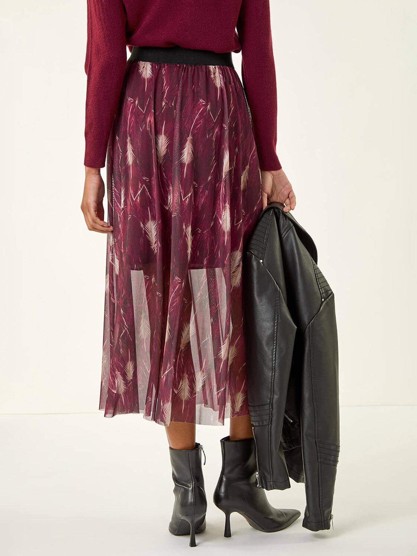 Image 2 of 5 of Roman Abstract Print Mesh Overlay Skirt - Red