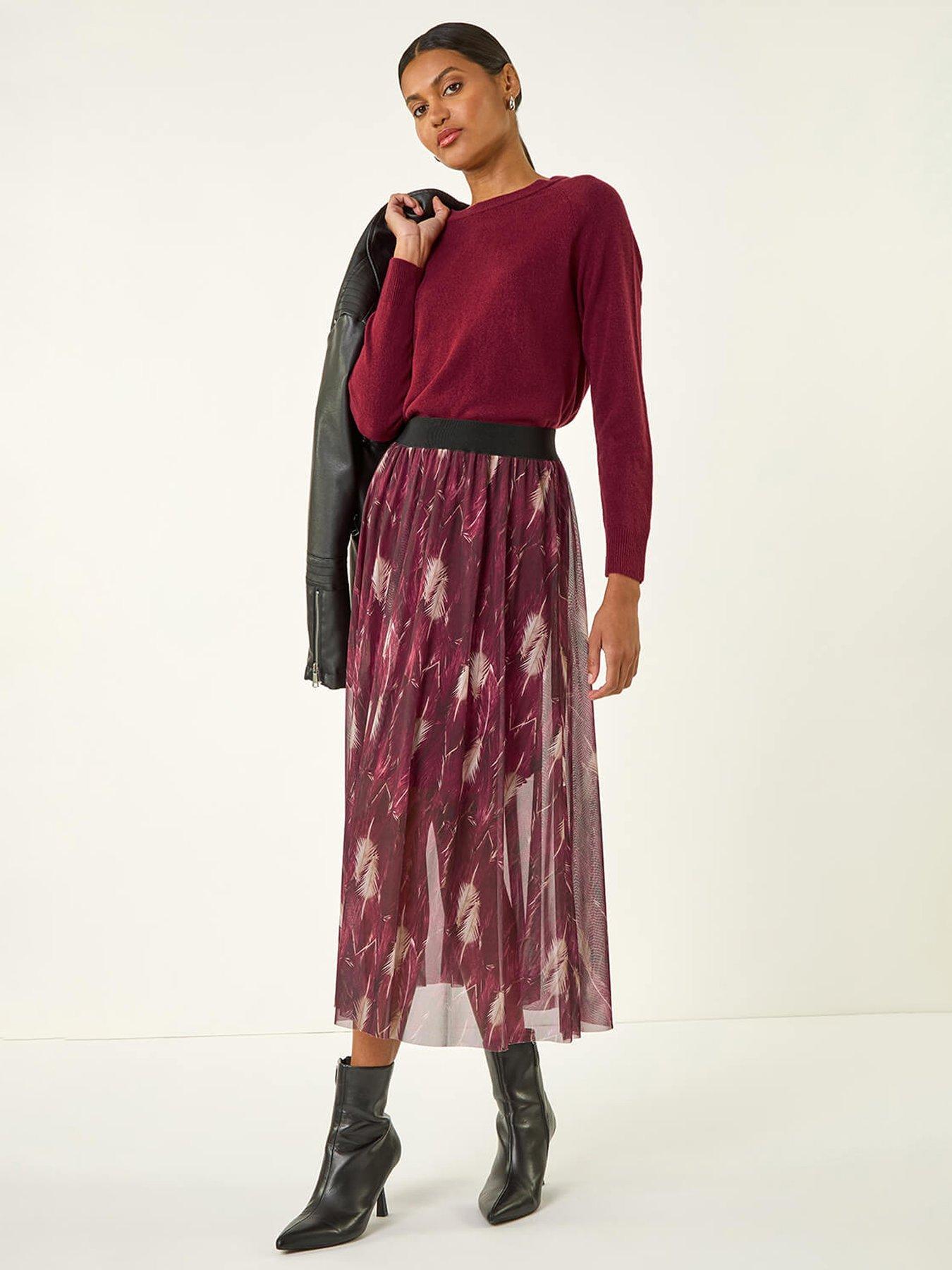 Image 3 of 5 of Roman Abstract Print Mesh Overlay Skirt - Red