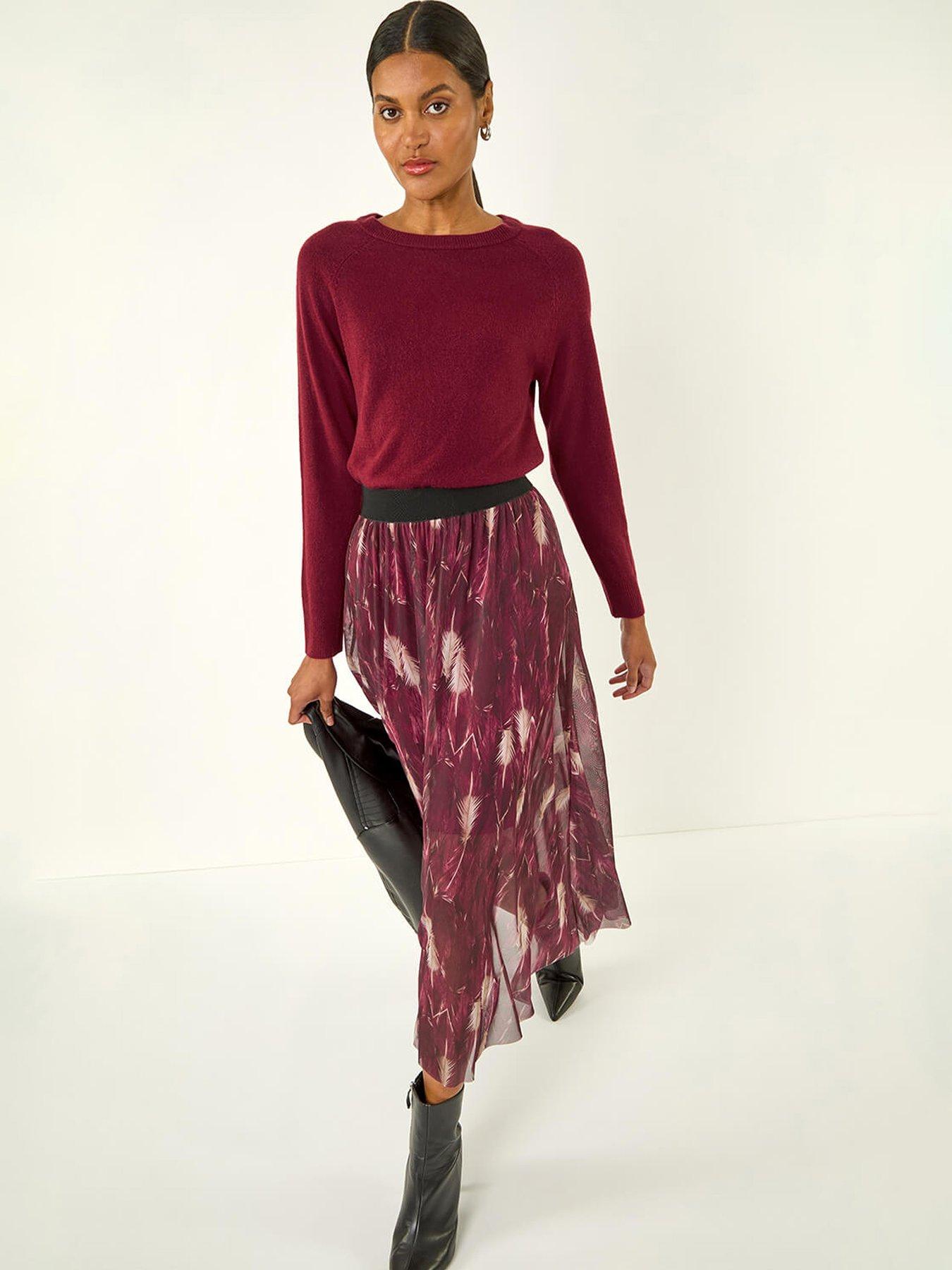 Image 4 of 5 of Roman Abstract Print Mesh Overlay Skirt - Red