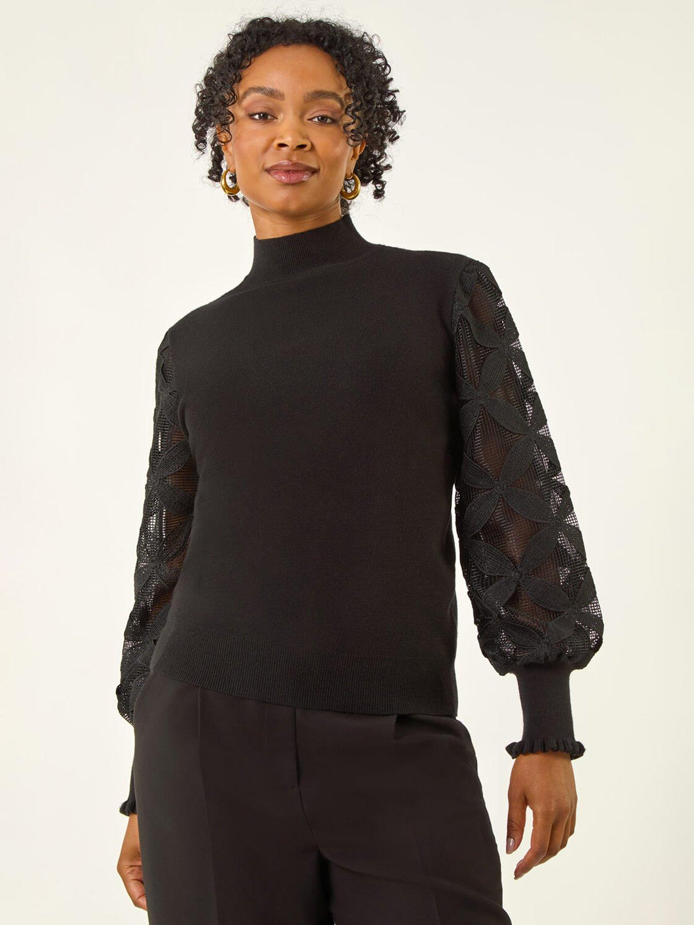 Roman Petite Lace Sleeve Knit Jumper - Black