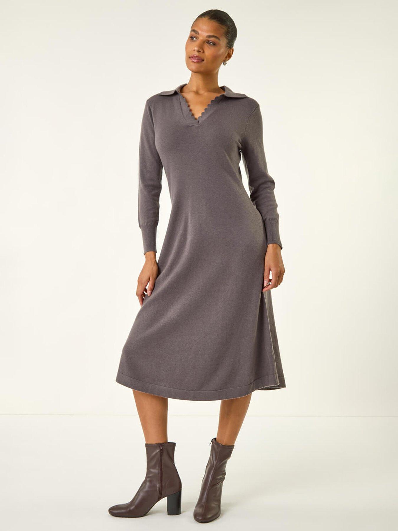 Roman Scallop Detail Knitted Midi Dress - Grey