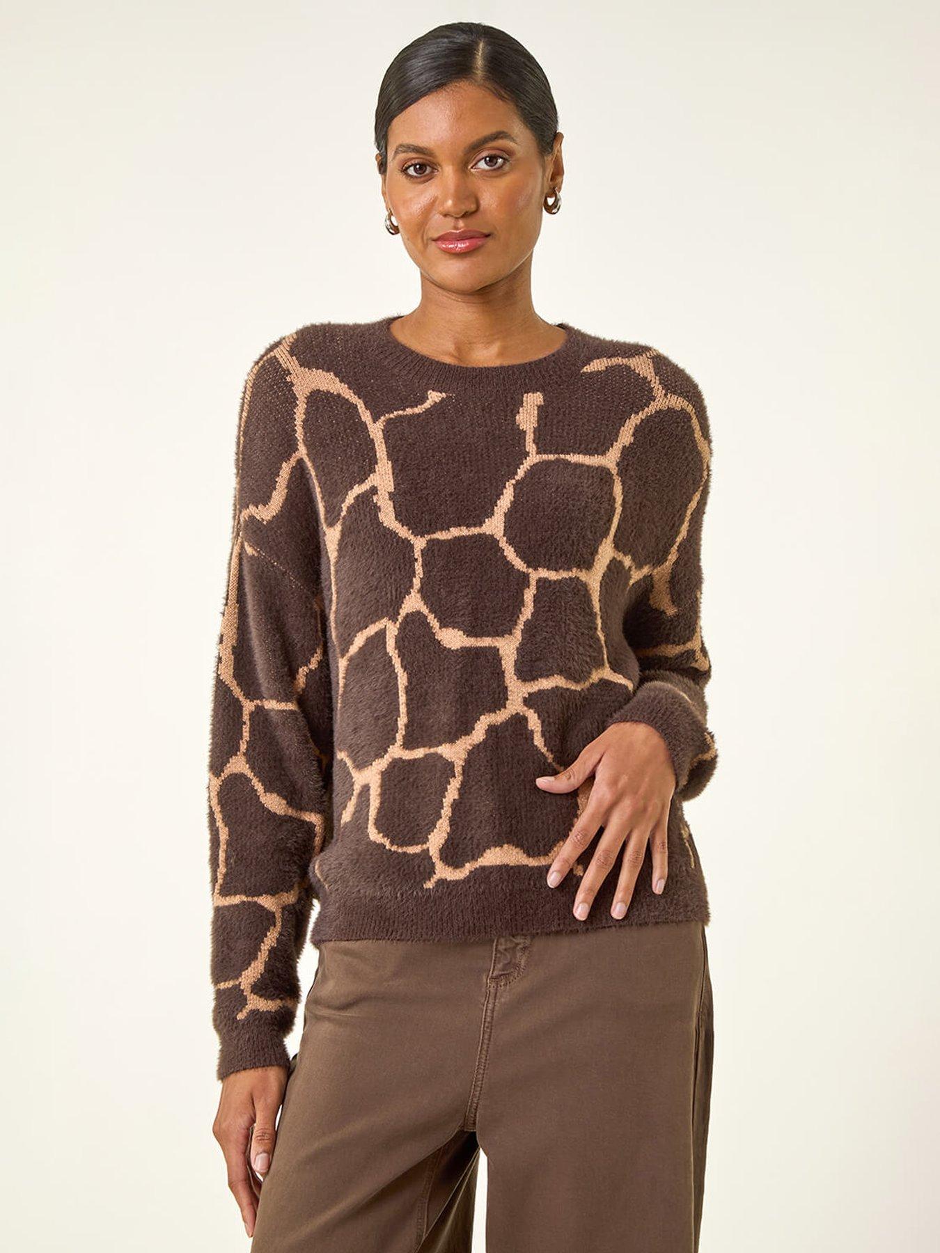 undefined Fluffy Animal Print Knit Jumper - Brown