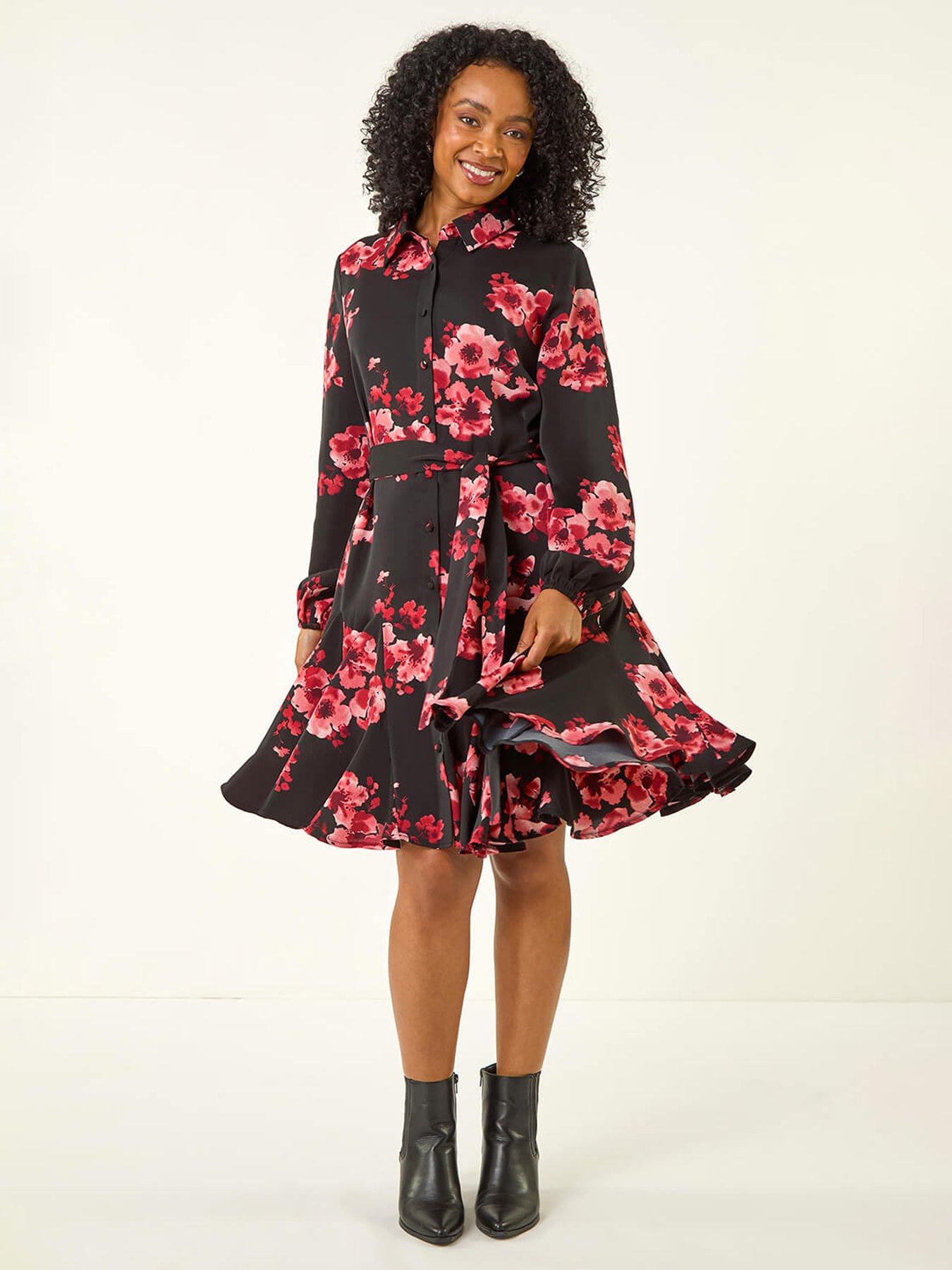 Image 1 of 5 of Roman Petite Floral Print Shirt Dress - Red