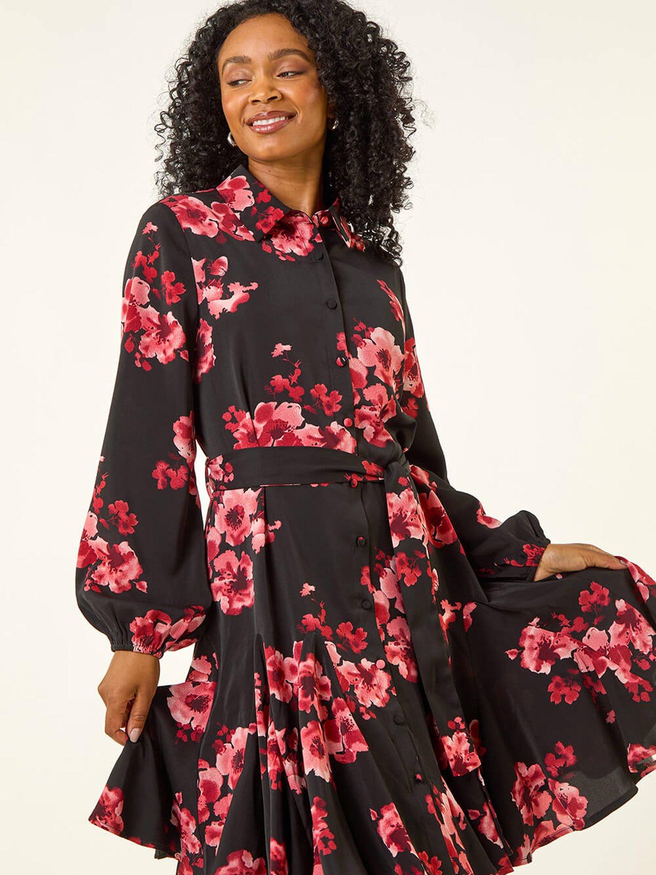 Image 3 of 5 of Roman Petite Floral Print Shirt Dress - Red
