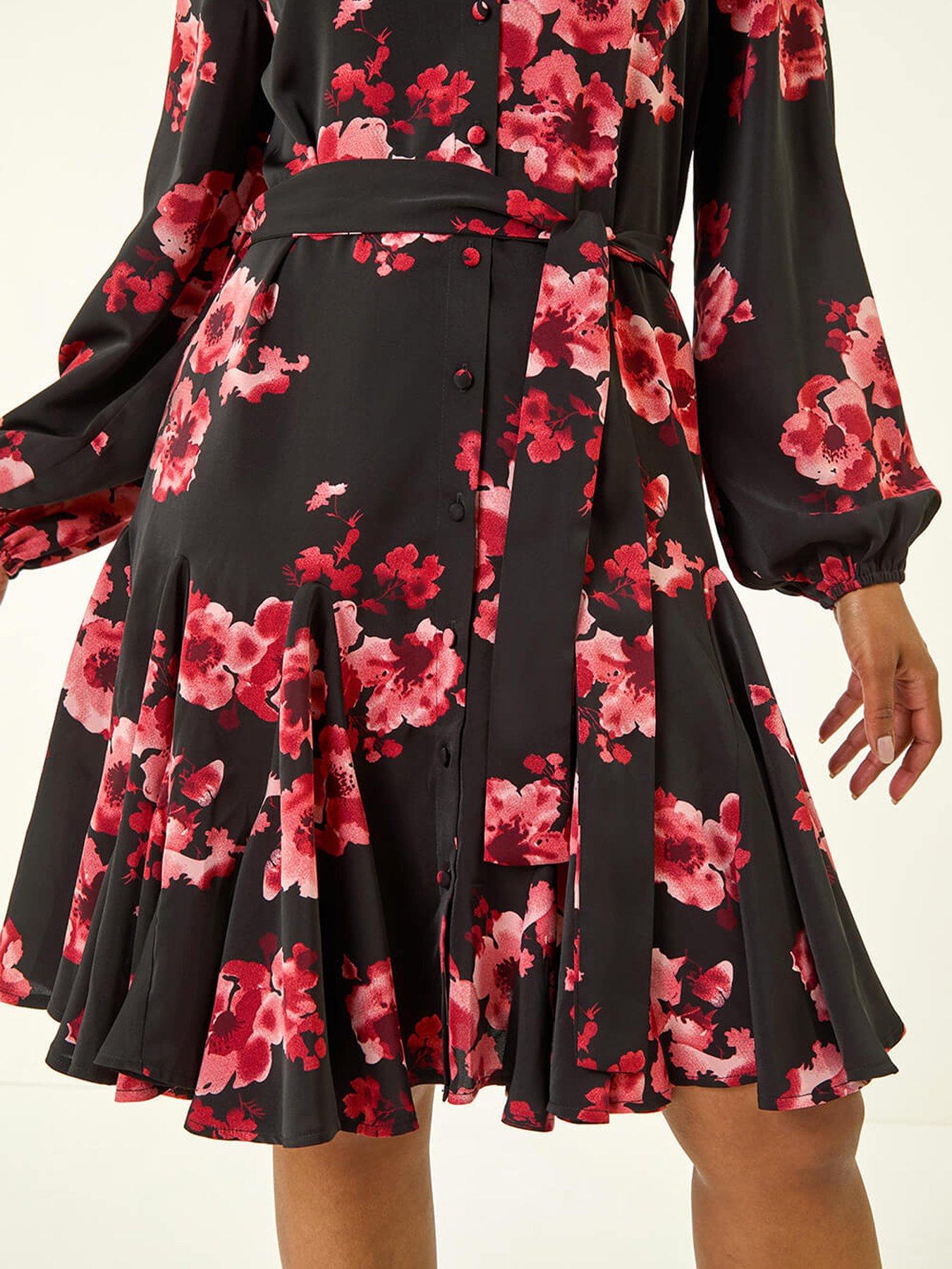 Image 5 of 5 of Roman Petite Floral Print Shirt Dress - Red