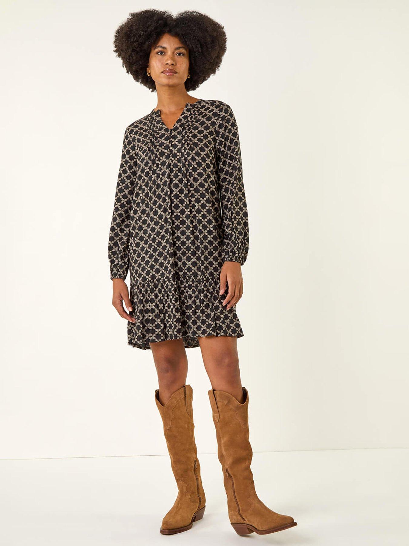 undefined Geo Print Pintuck Smock Dress - Black
