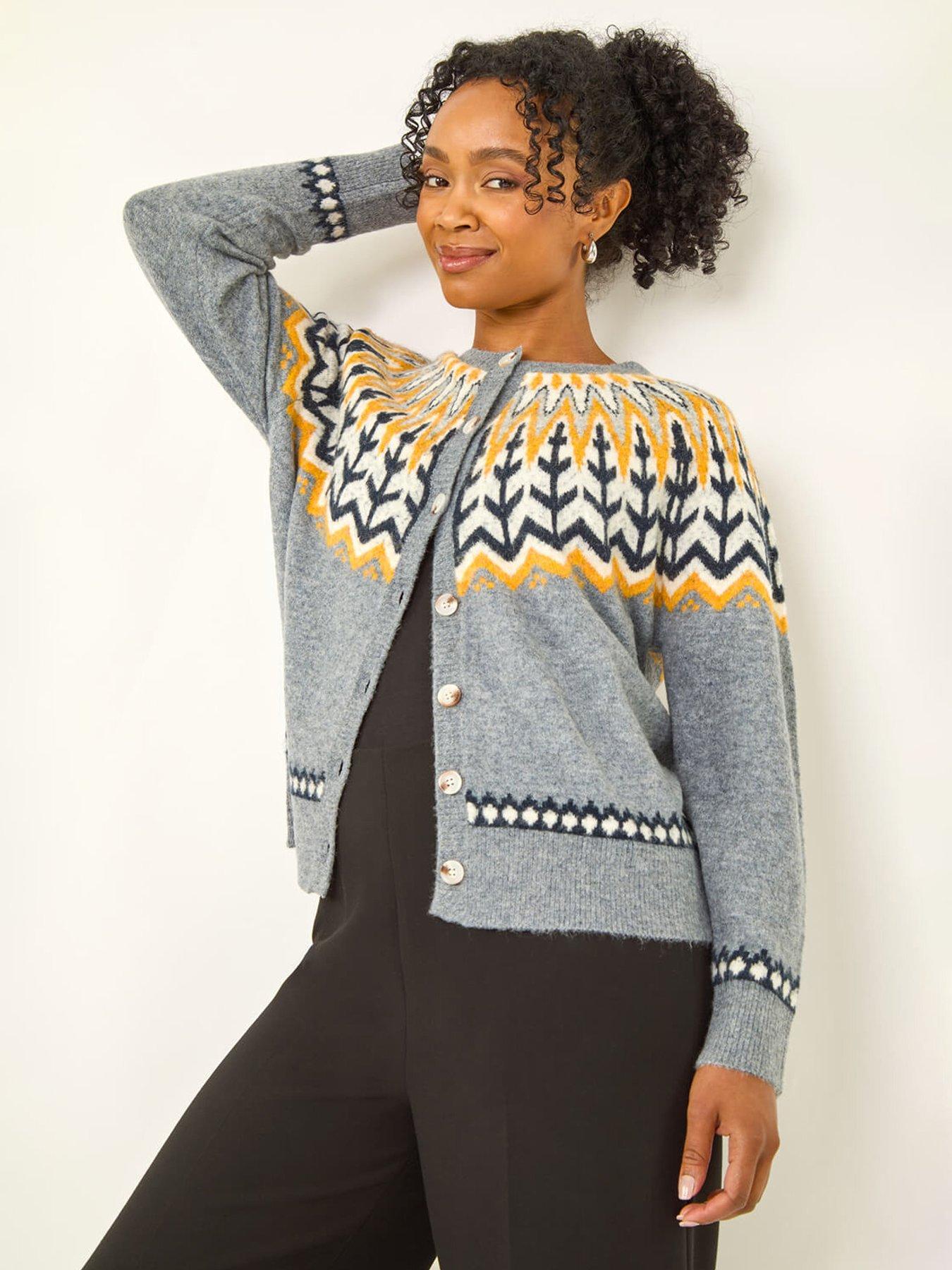 undefined Petite Fairisle Buttoned Knit Cardigan - Grey