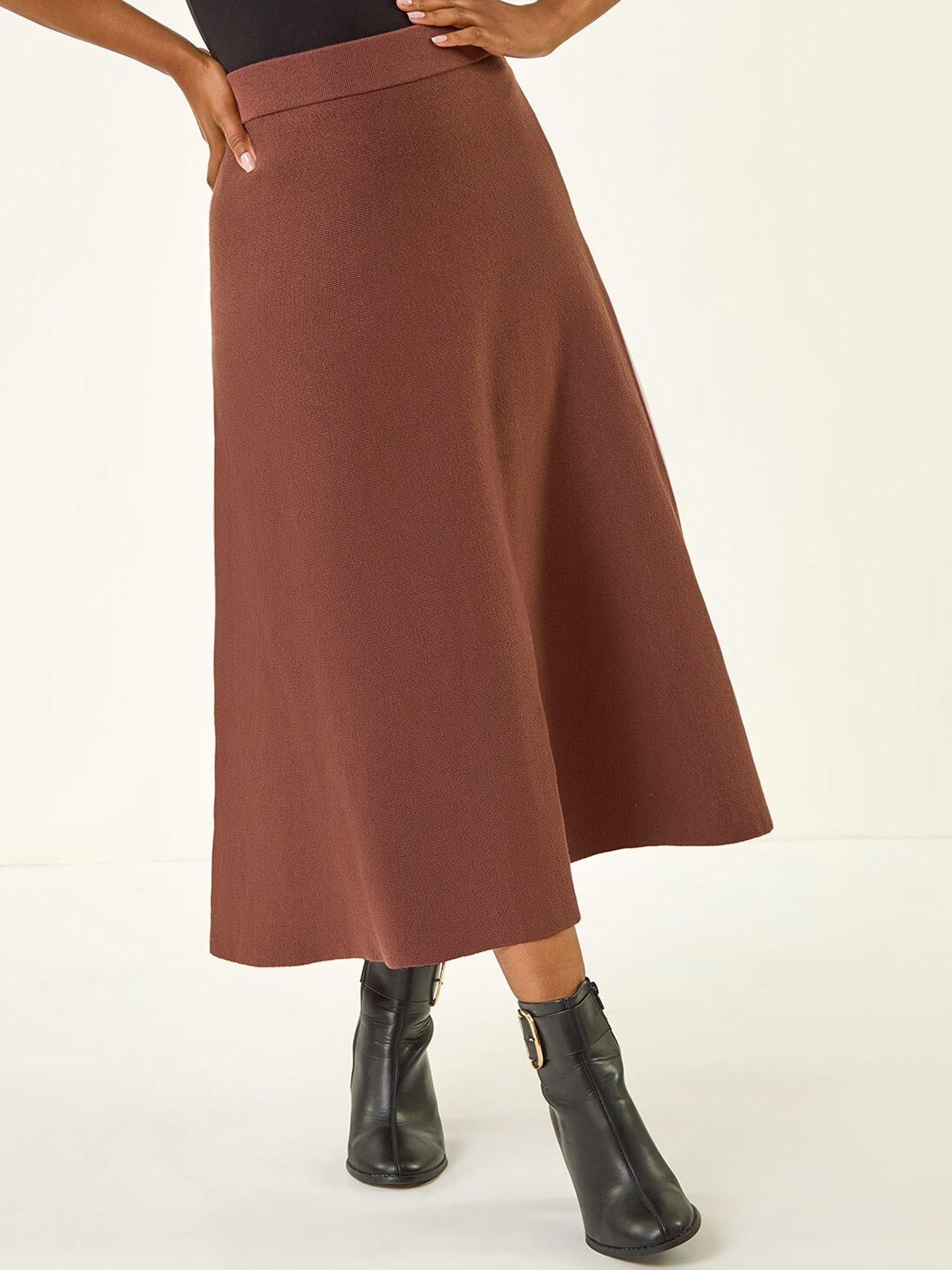 Roman Petite Stretch Knitted Midi Skirt - Brown