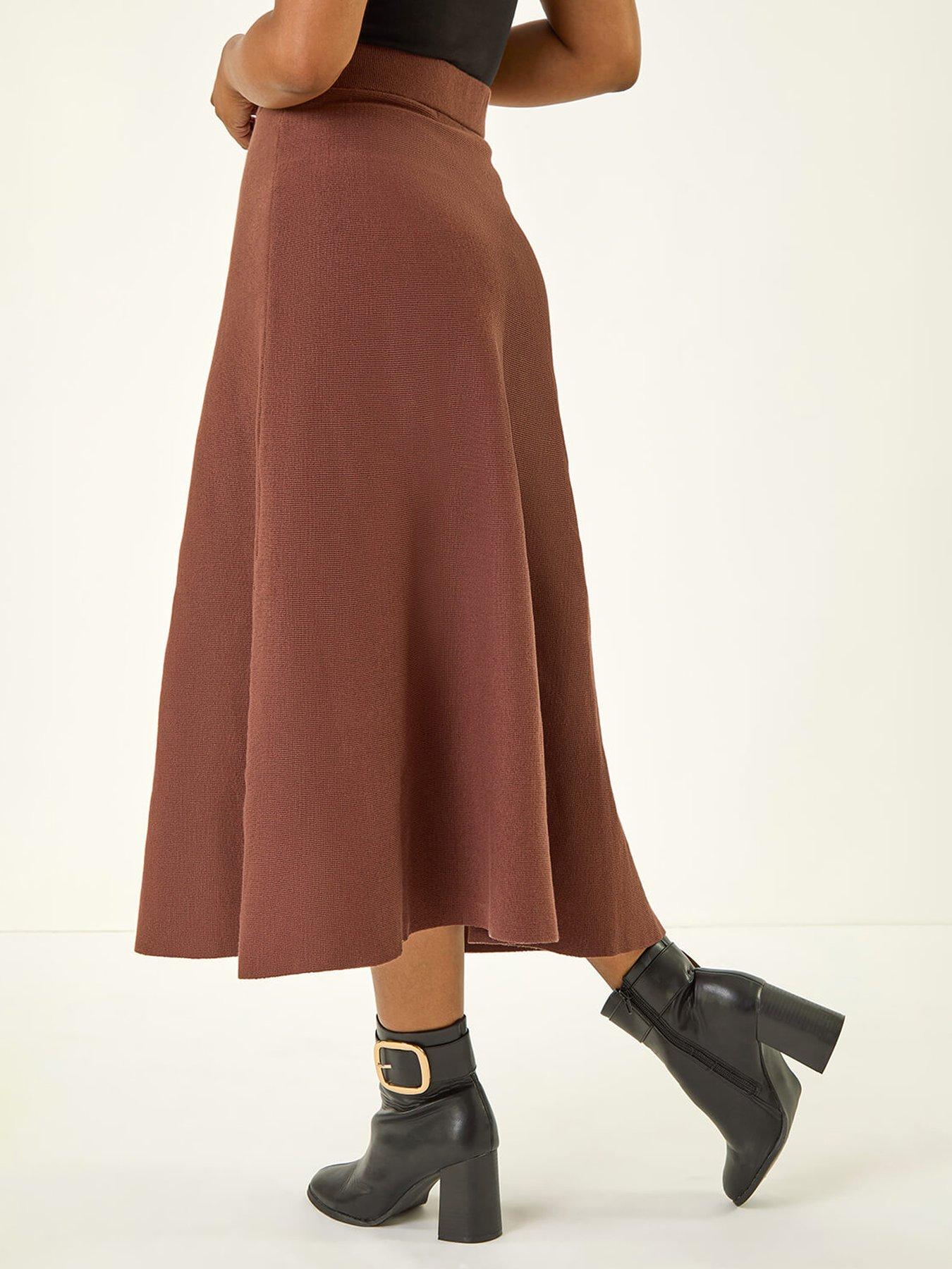 Image 2 of 5 of Roman Petite Stretch Knitted Midi Skirt - Brown