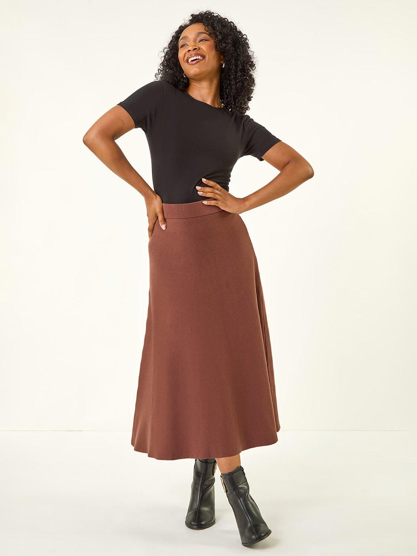 Image 3 of 5 of Roman Petite Stretch Knitted Midi Skirt - Brown