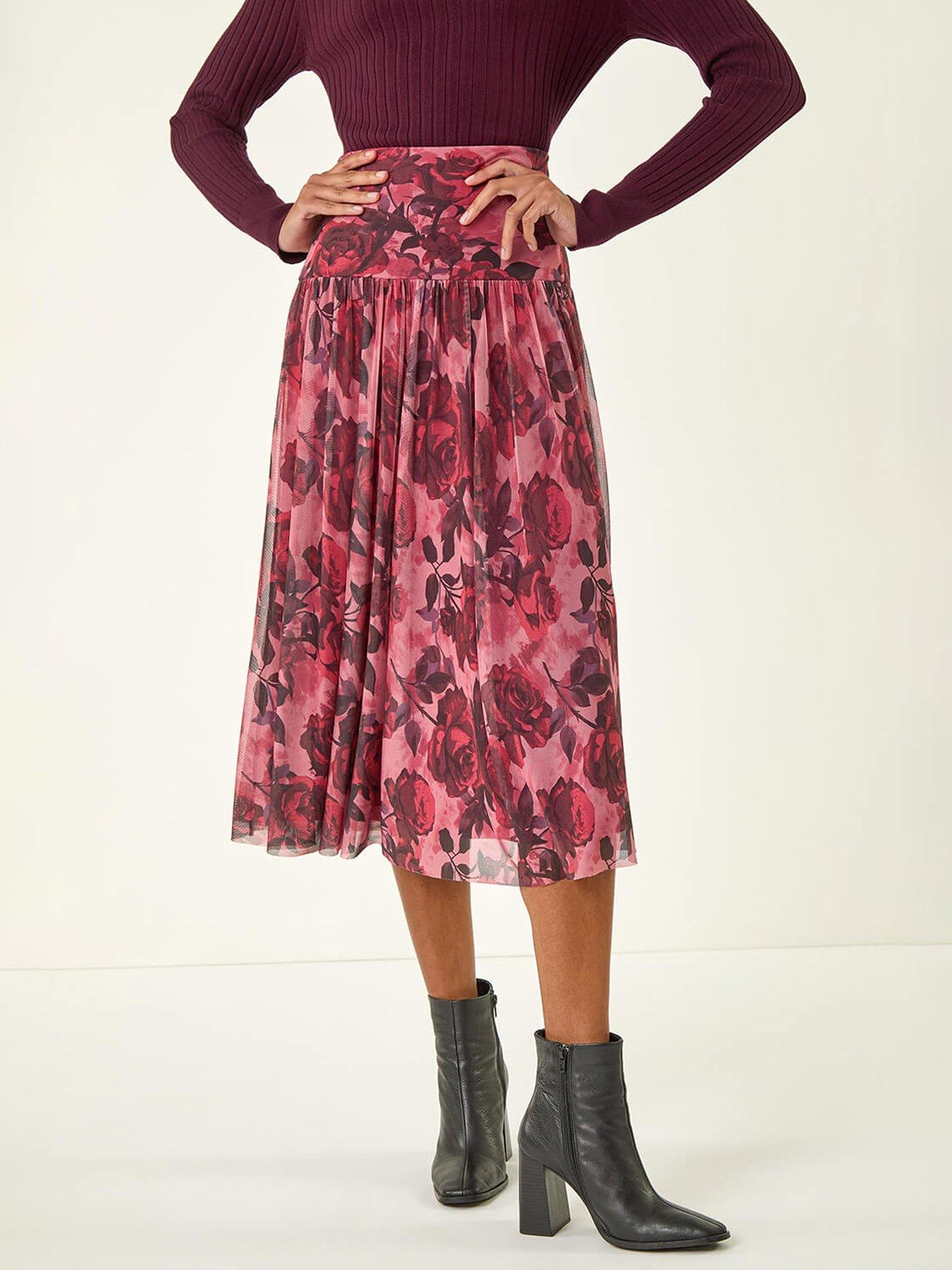 Image 1 of 5 of Roman Rose Print Mesh Layered Skirt - Red