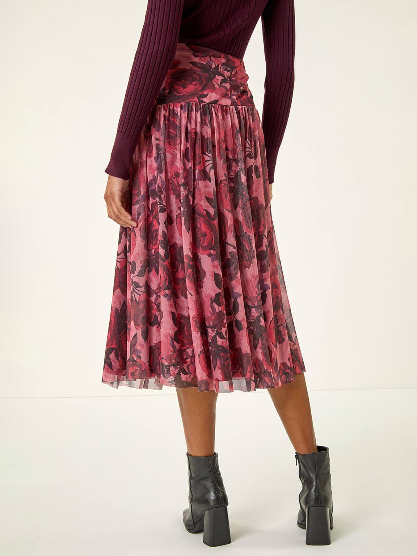 Image 2 of 5 of Roman Rose Print Mesh Layered Skirt - Red