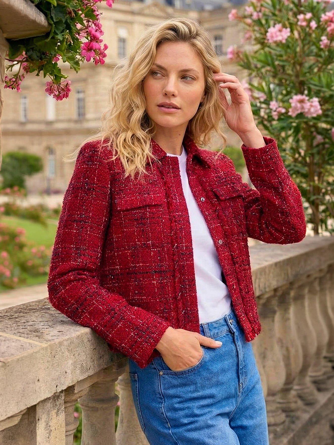 Roman Luxury Boucle Textured Jacket - Red