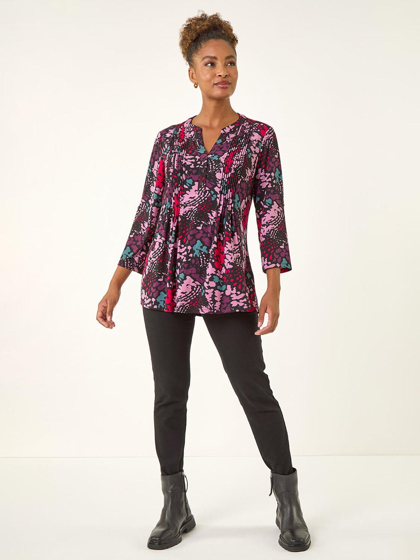 Image 3 of 5 of Roman Abstract Animal Print Pintuck Shirt - Pink