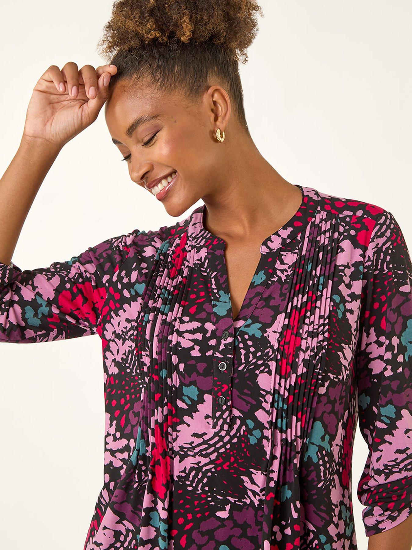 Image 4 of 5 of Roman Abstract Animal Print Pintuck Shirt - Pink