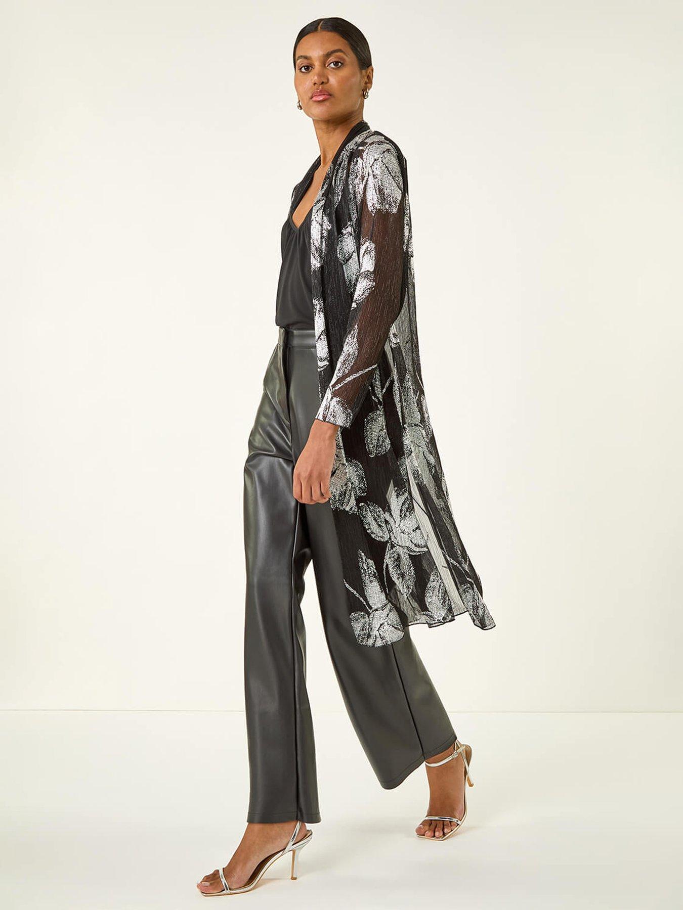 Roman Foil Leaf Print Plisse Kimono - Silver