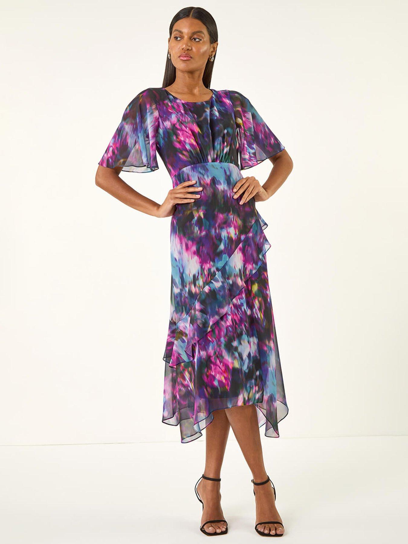 undefined Blurred Floral Frill Midi Dress - Black