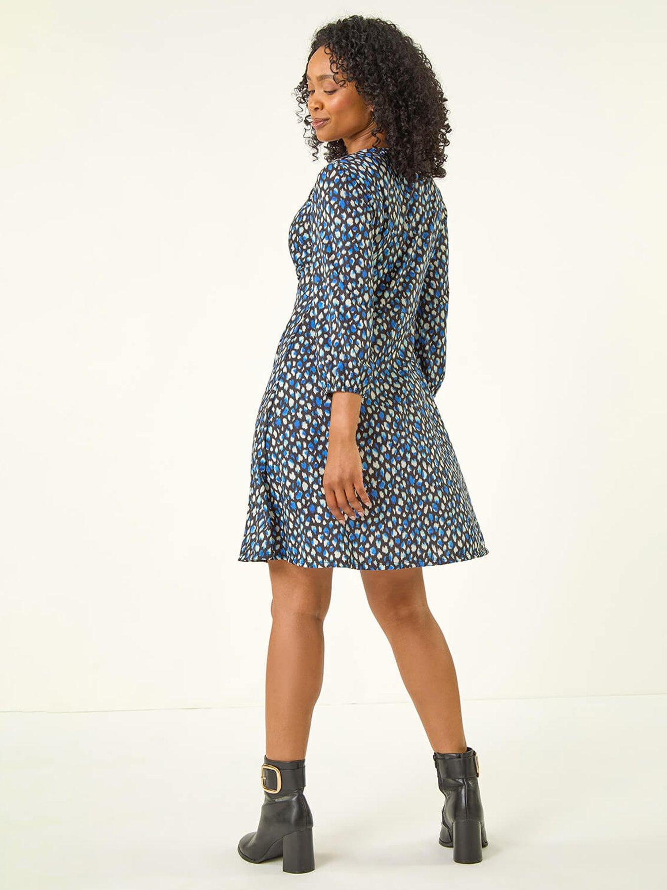 Image 2 of 5 of Roman Petite Spot Tie Front Dress - Blue