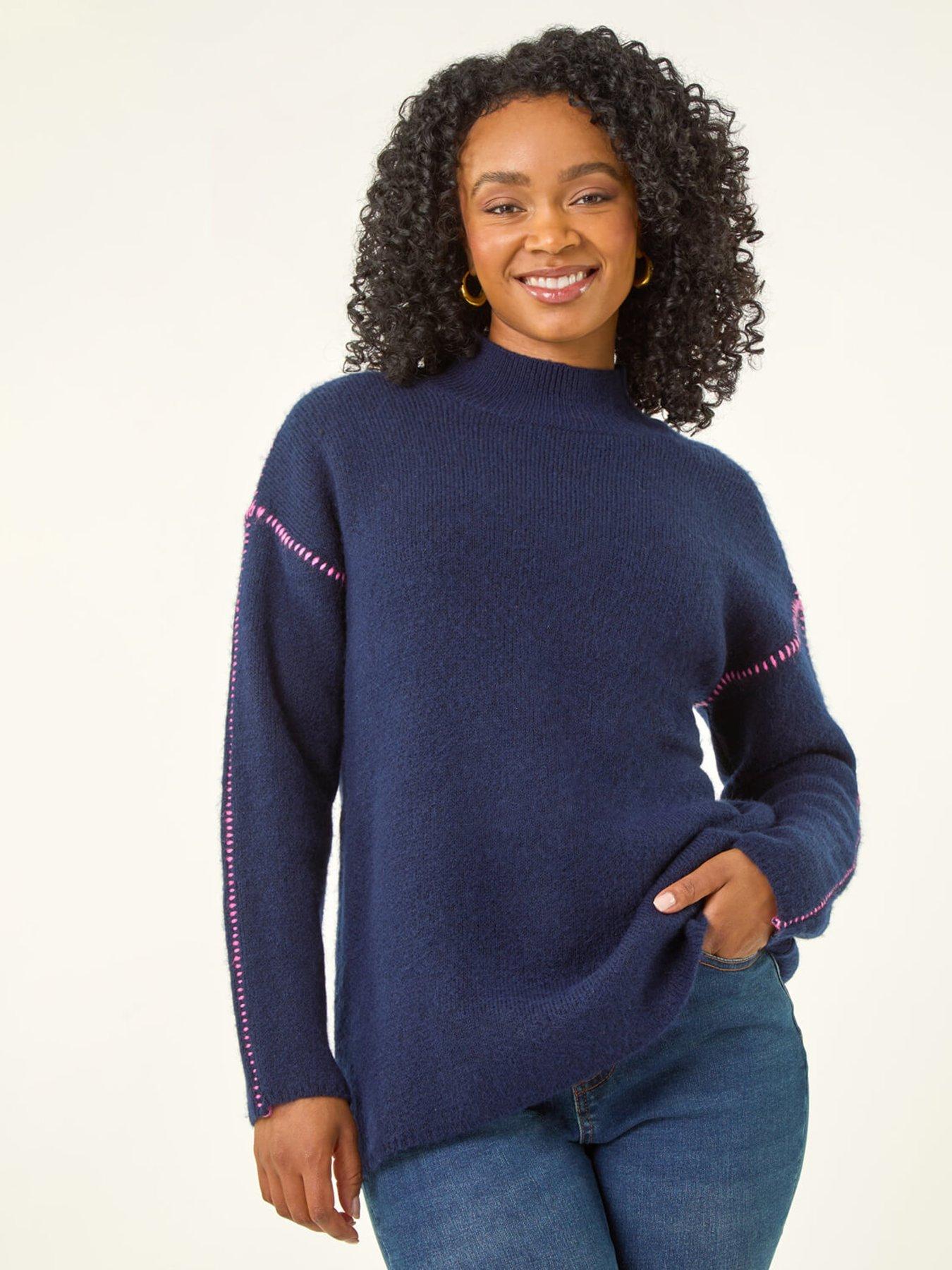 undefined Petite Contrast Stitch Jersey Jumper - Navy