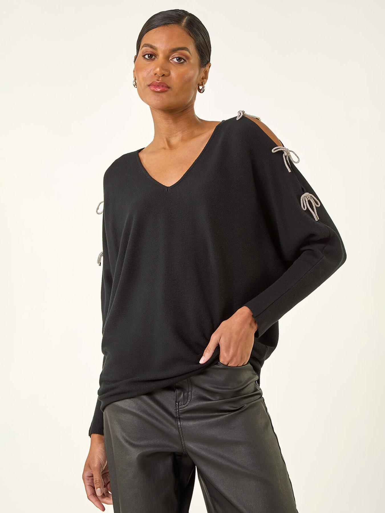 undefined Bow Sleeve V-neck Knit Poncho - Black