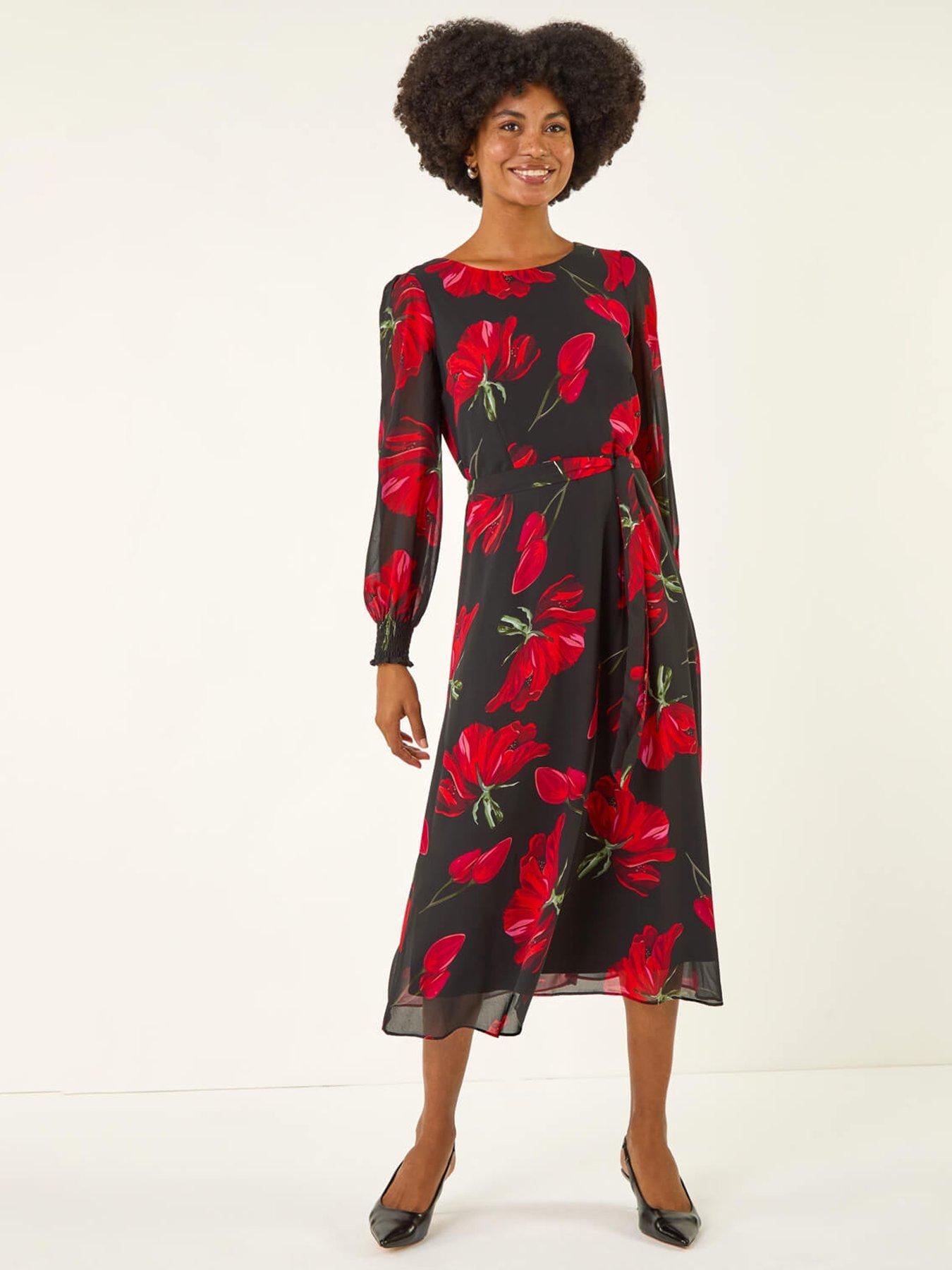 Roman Floral Tie Waist Midi Dress - Red