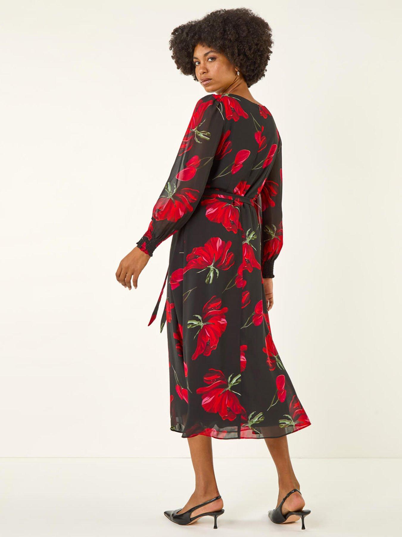 Image 2 of 5 of Roman Floral Tie Waist Midi Dress - Red
