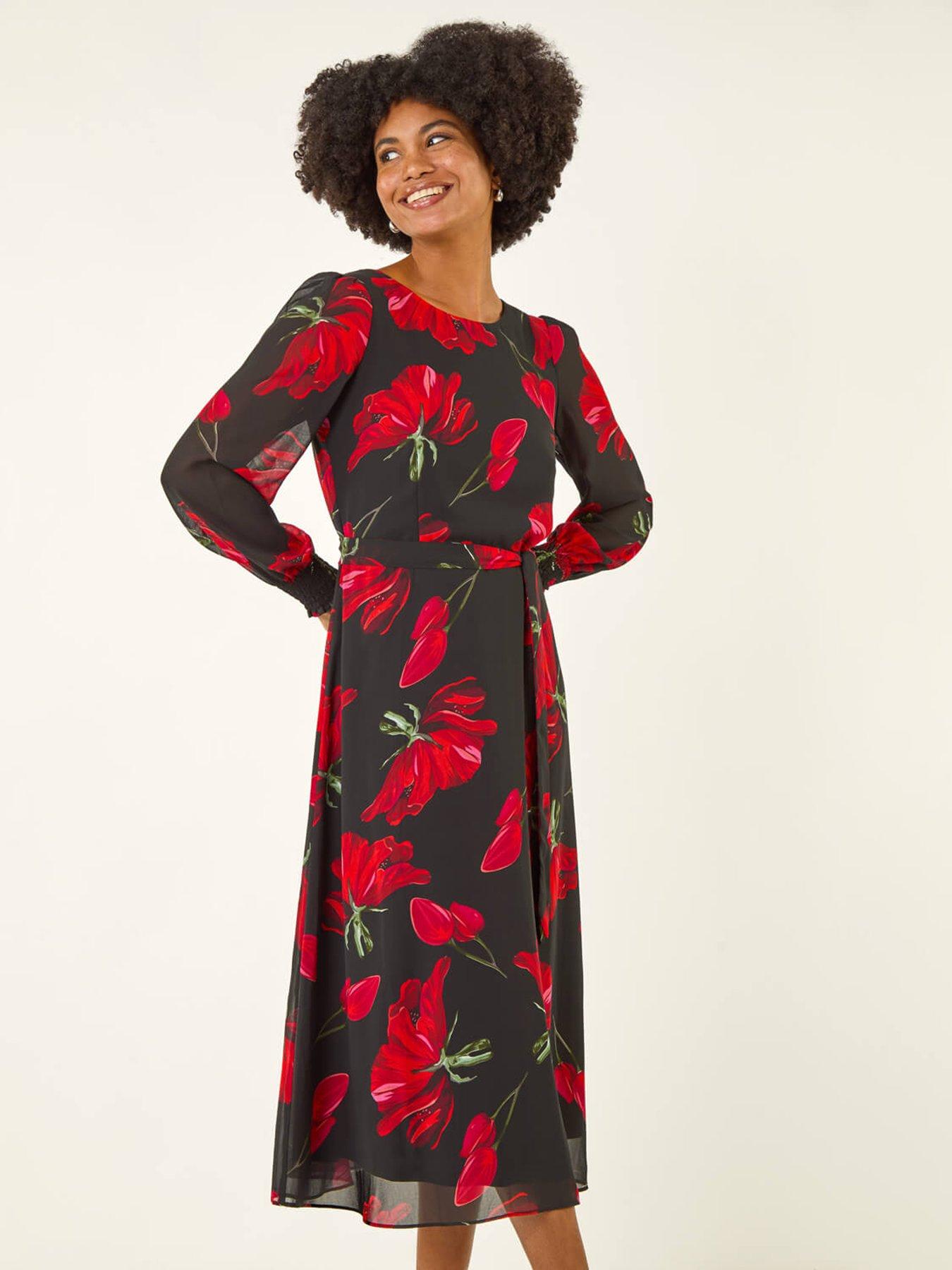 Image 3 of 5 of Roman Floral Tie Waist Midi Dress - Red