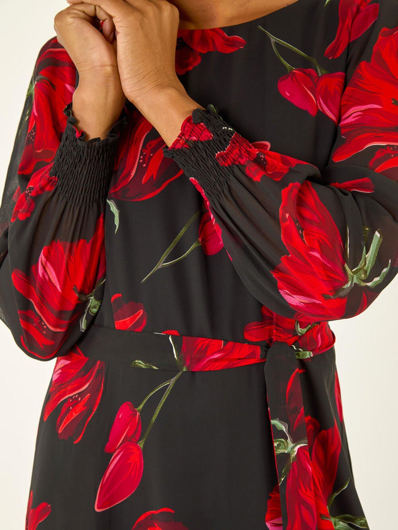 Image 5 of 5 of Roman Floral Tie Waist Midi Dress - Red